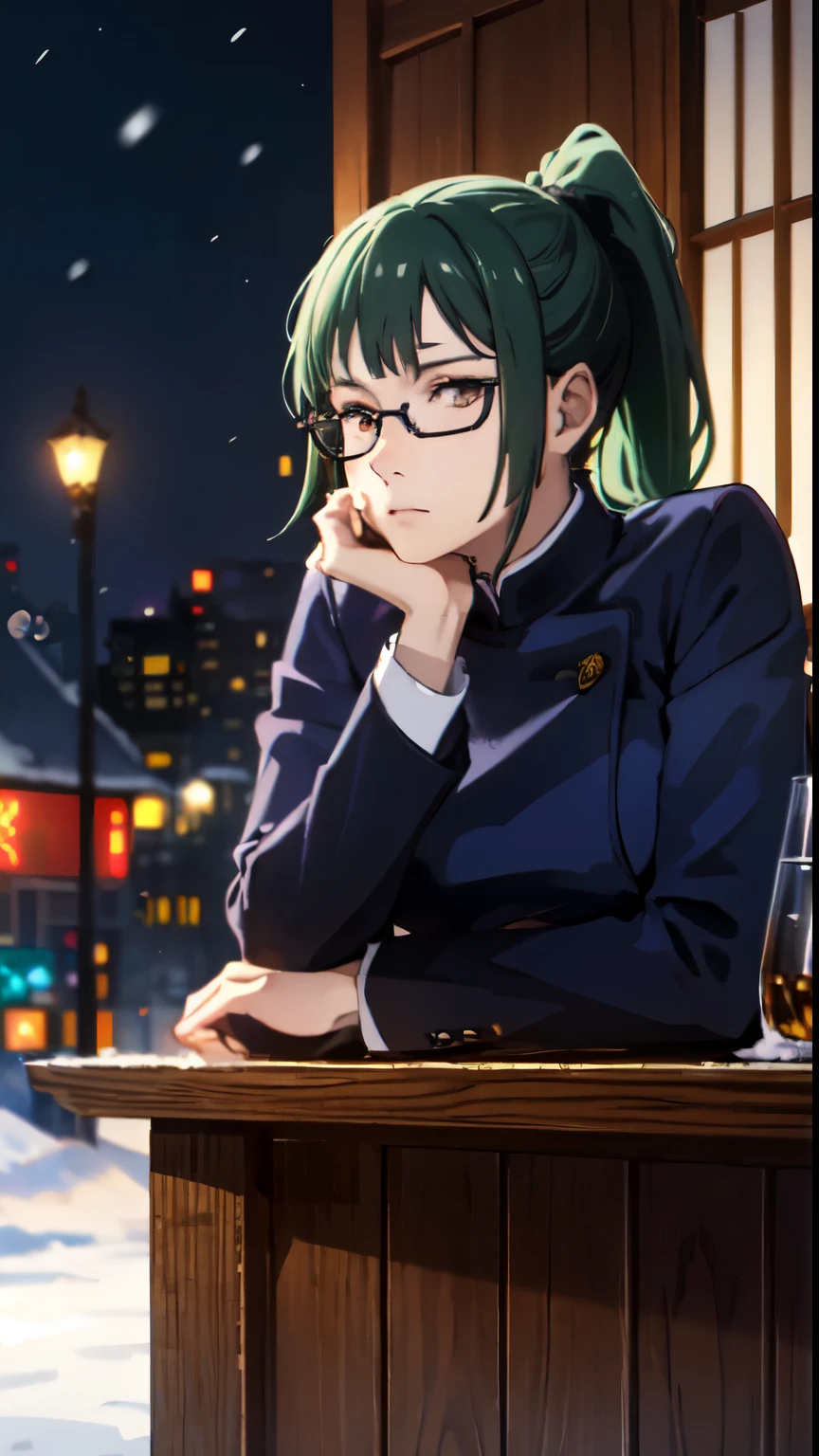 photorealistic, (4k), depth of field, (Masterpiece), (realistic skin texture), extremely detailed, intricate, hyper detailed, professional photography, bokeh, high resolution, sharp detail, best quality, girl, green hair, ponytail, glasses, brown eyes, jujutsu uniform, blue jacket, blue skirt, black leggings, dynamic pose, (head rest), snowfall, winter, snowing, winter path, snowflake, heavy snow, east asian architecture, small village, outdoors,