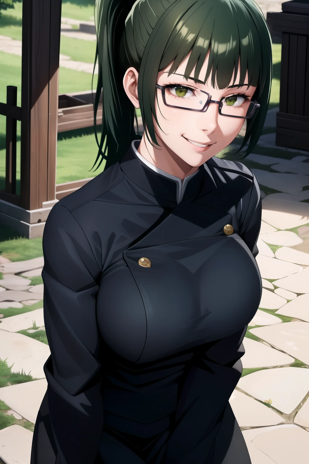 best quality, masterpiece, 1girl, (solo:1.1), raytracing, ultra detailed,detailed face, 8k wallpaper, wide hips, ZeninMakiNDV, 1girl, green hair, yellow eyes, large breasts, ponytail, glasses, jujutsu uniform, jacket,black skirt, outdoor, smile, looking at viewer,  