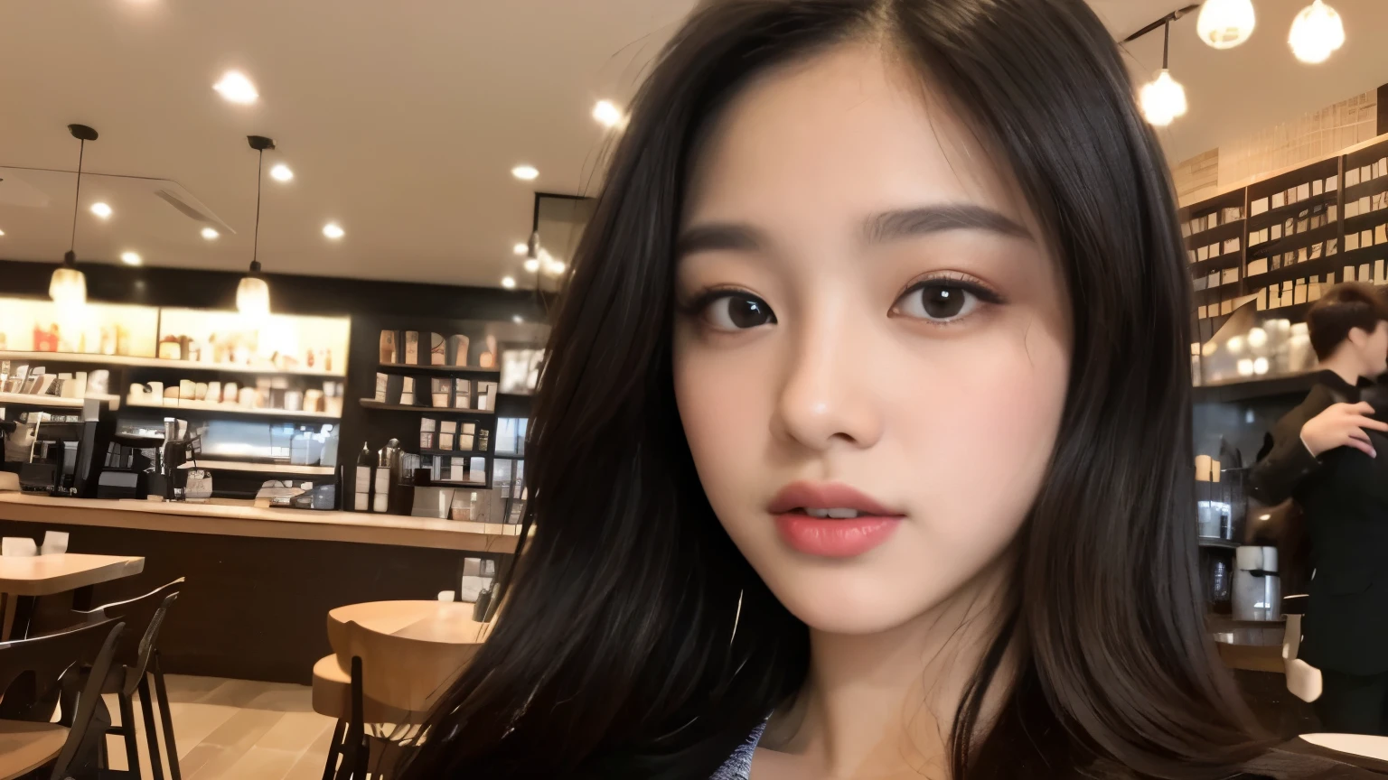 ((highest quality、8K、masterpiece:1.3))、sharp focus:1.2、Beautiful Japanese idol with perfect body:1.4、(Starbucks open cafe:1.2)、Terrace seats、Highly detailed face and skin texture、 detailed eye、double eyelid、black suit,