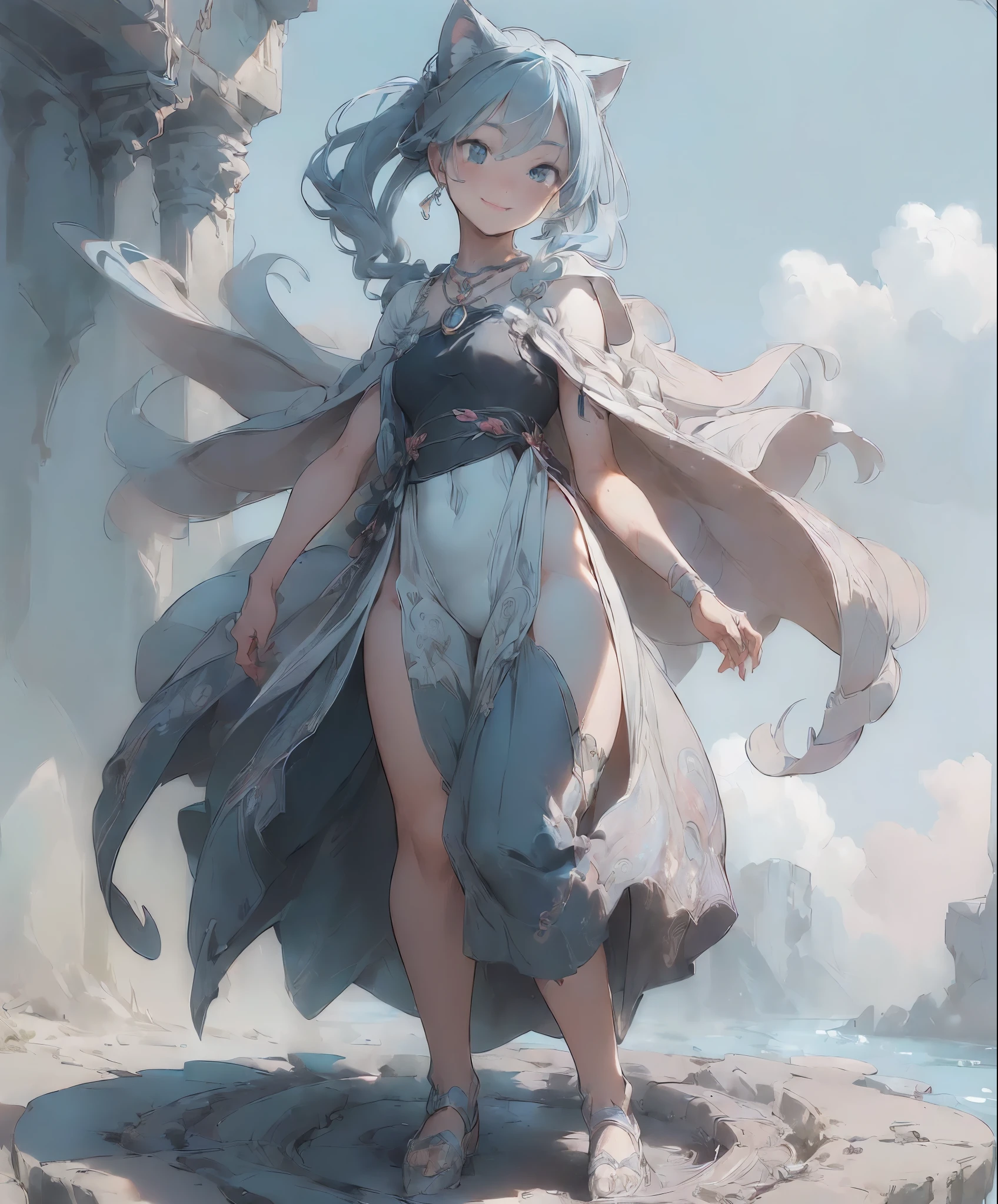 (masterpiece、highest quality、highest quality、official art、beautiful beautiful:1.2)、(1 girl:1.3)Hatsune Miku、twin tails,big breasts,((Cat ears on the head:1.5)), (number々の賞を受賞したmasterpiece, incredibly detailed, It has texture、maximum detail), (Full body standing image:1.9), (surreal:1.4), (Amazing anatomically perfect and beautiful style:1.9), highest qualityの本物の質感の肌, (Accurate, complete circle, symmetrical eyes), detailed face, ((medieval world)), ((Sylphid, sky wind spirit)), (Elegant dresses that dance in the wind are exquisitely finished down to the last detail..(A smile of liberated joy appears on her lips:1.8), (Clear eyes full of joy:1.5), (Full body standing image:1.9), (Let's use the magic of graceful wind:1.7), (A pure and elegant image:1.6), (swirling windと雲海を背景に:1.5), (dramatic light), (grow (her expression is soft and beautiful.), (great scene), (dramatic light), (wonderful light), (her face is soft and beautiful)(her expression is soft and beautiful.), (her expression is soft and beautiful.), (her expression is soft and beautiful.), (her expression is soft and beautiful.)(dramatic photos:1.4), (dramatic pose), ((elegant flying pose)), (blue hair), (platinum blonde hair), (silver hair), (chestnut hair), short cut hair, ((look up)), (((look down))), (around her neck, simple, Finely crafted ancient necklace. :1.3))), (An aura that envelops a shining body:1.6))), (swirling wind:1.4))), old ruins with vegetation, great temple, Cathedral, temple ruins, temple away from temple, (Shining magic circle)), ancient castle ruins, desolate ruins, crumbling ruins, Ancient ruins with clear water flowing through it, holy light, (Shining magic circle))great realistic (HDR:1.5), (calm colors:1.2), very detailed, cinematic, warm light, dramatic light, (intricate details:1.1), complex background, very detailed, surreal, intricate details, painting (artwork), ((masterpiece,highest quality)), ((cinematic Light))dark fantasy, faded, ((neutral color)), art, (art Station:1.5), light effect, (intricate details:1.1), complex background, (greg latkowski:0.8), (teal and orange:0.4))