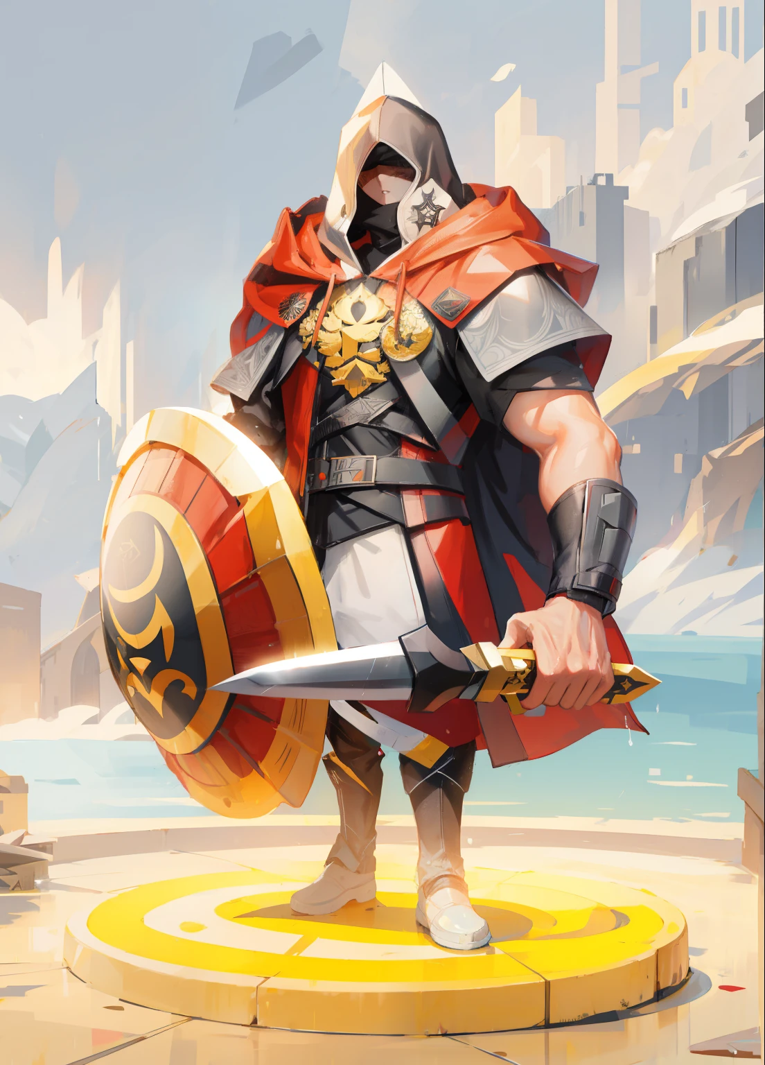 shield logo, black and white relief, vector, the face is completely covered by the hood, black raincoat, A big sword in his hand, more details