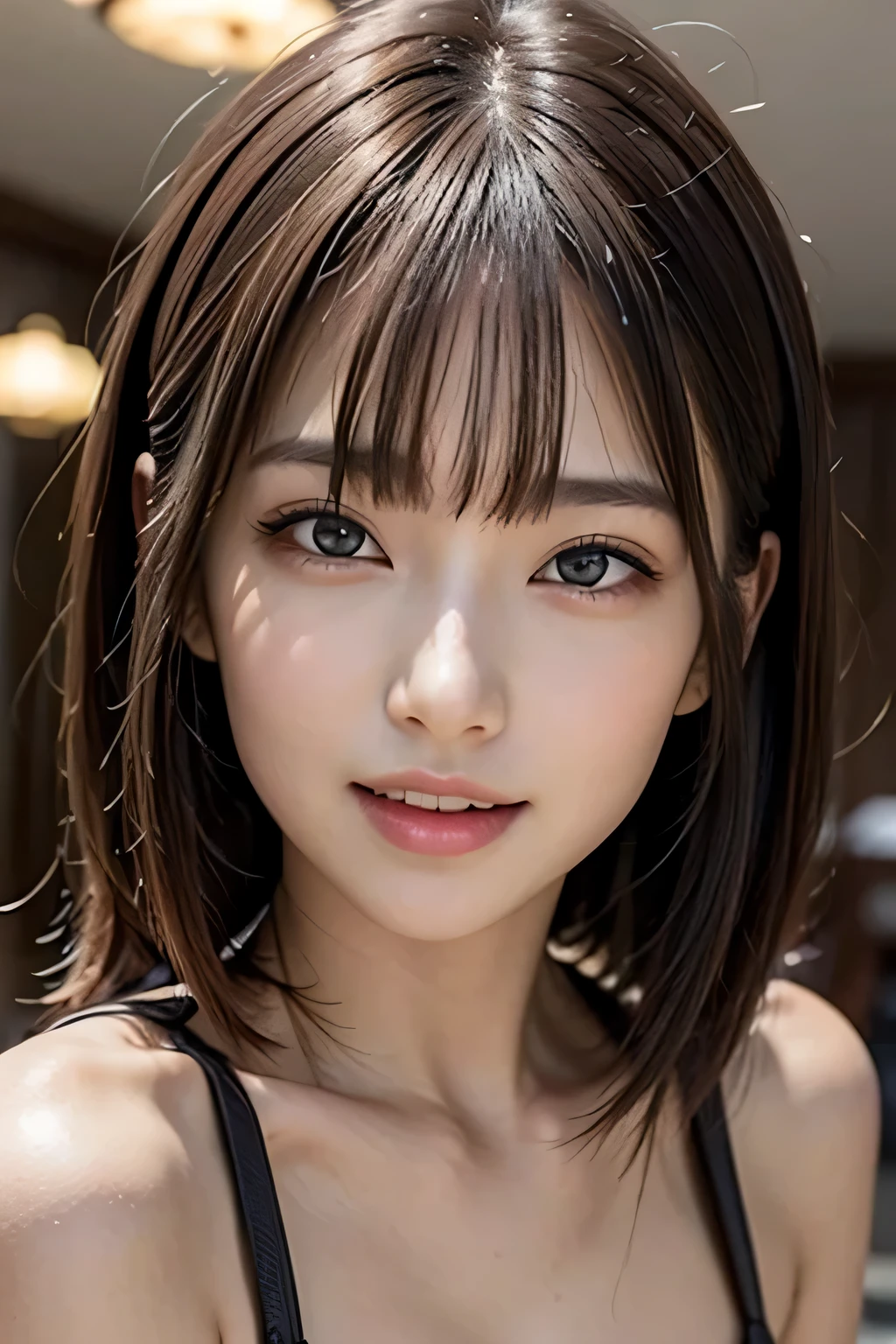 (8K, Raw photo, highest quality, masterpiece, realistic, Photoreal), (1 female), (ultimate beauty), middle aged, highly detailed face, (perfect teeth), fine eyes, double eyelid, eyelash, smile, lip details, brunette bob, light shines on your face, ((big breasts)), ((string bikini)), ((cowboy shot)), (background: Resort Hotel Lobby), ((Depth of written boundary))