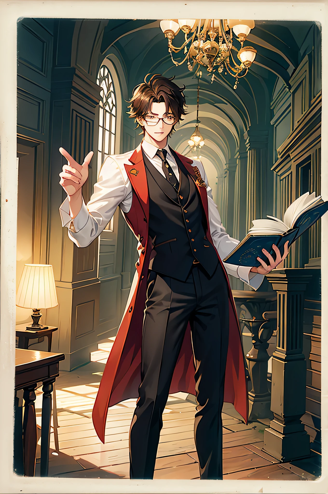 a 4k, enchanting theme, anime male with the background of large library hall, floating and reading books, he's a slender figure, His attire is a blend of the timeless and the archaic; a tailored waistcoat, a crisp white shirt with sleeves rolled up to the elbows, and a pair of well-worn trousers. Perched on the bridge of his nose is a pair of pince-nez glasses, which he adjusts with a habitual gesture as he pores over his ancient texts. He also has brown fluffy messy hair.