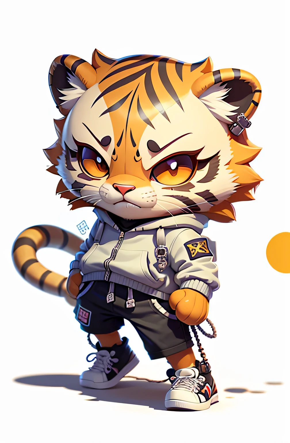 There&#39;Cartoon tiger wearing hoodie, 3D rendering stylization, Anime style 3D, Japanese mascot 3D model, Very rich in character details, Stylize for 3D rendering, Lovely 3D rendering, Highly detailed iconic characters, Cartoon rendering key shots, Lovely and detailed digital art, stylized anime, cute numbers, stylized 3d