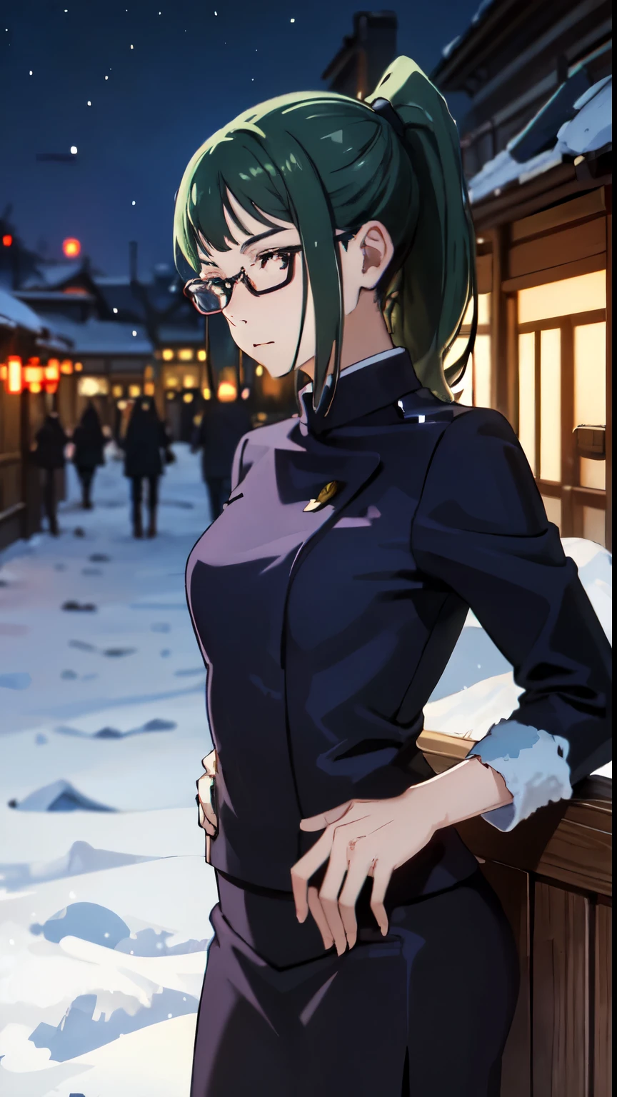 photorealistic, (4k), depth of field, (Masterpiece), (realistic skin texture), extremely detailed, intricate, hyper detailed, professional photography, bokeh, high resolution, sharp detail, best quality, girl, green hair, ponytail, glasses, brown eyes, jujutsu uniform, blue jacket, blue skirt, black leggings, dynamic pose, (head rest), snowfall, winter, snowing, winter path, snowflake, heavy snow, east asian architecture, small village, outdoors,