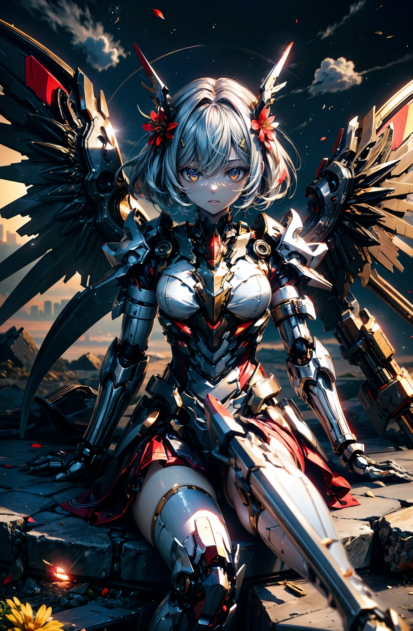 hyper quality、8K quality、High resolution、Image quality taken with a single-lens reflex camera、(SFW)、(face is not red、Don't be shy、don't blush:2.0)perfect anatomy、(money is the theme)tragic mecha girl、20 year old beautiful girl with medium silver hair.orange eyes(No expression:1.5)(Good shape and normal breasts)、Glossy gold mechanical parts with a three-dimensional feel、(exposed thighs:1.2)(Mechanical unit with one wing on the back、Wings on one side only)、BREAK(Mechanical parts below the elbow and below the knee:1.3)BREAK、(perfect anatomy:1.4)(sitting:1.2)BREAK(On the destroyed rubble and sand、Sunny skies after the rain and a few clouds)(The morning sun shines in、early morning:1.5)(a single flower:1.4)