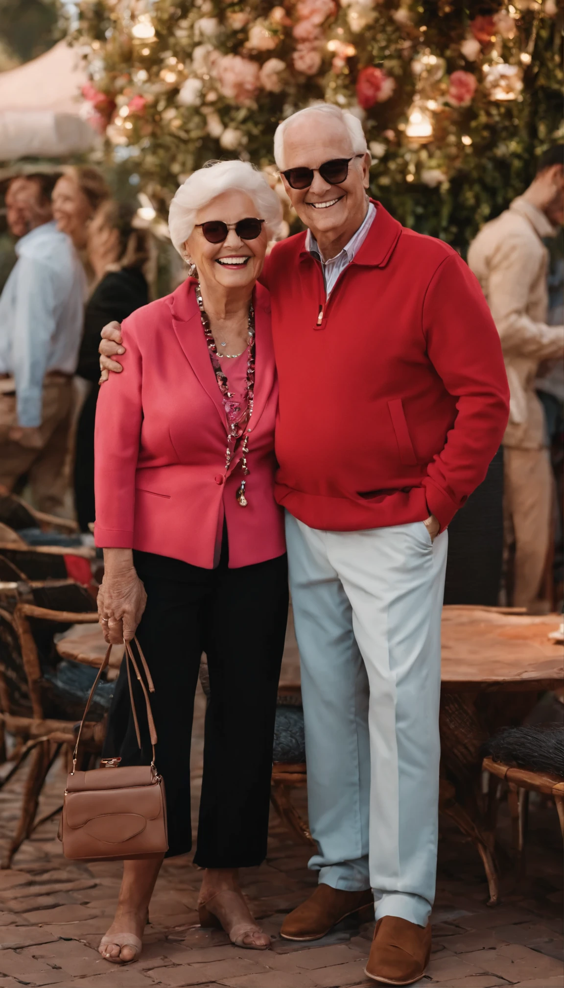 The photo shows an older couple taking a photo together. The man wears glasses and a red jacket, While the woman wears a pink shirt. They are close to each other, With the man's arm around the woman's shoulder. The couple seems to be enjoying their time together, Perhaps attending a social event or meeting. Pixar style image
