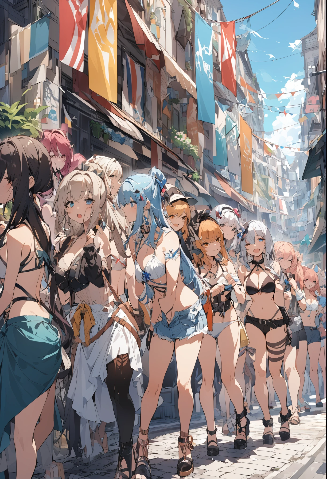 Un Groupe de 16 filles ayant la vingtaine aux cheveux de diverses couleur originale marche dans la rue en bikini