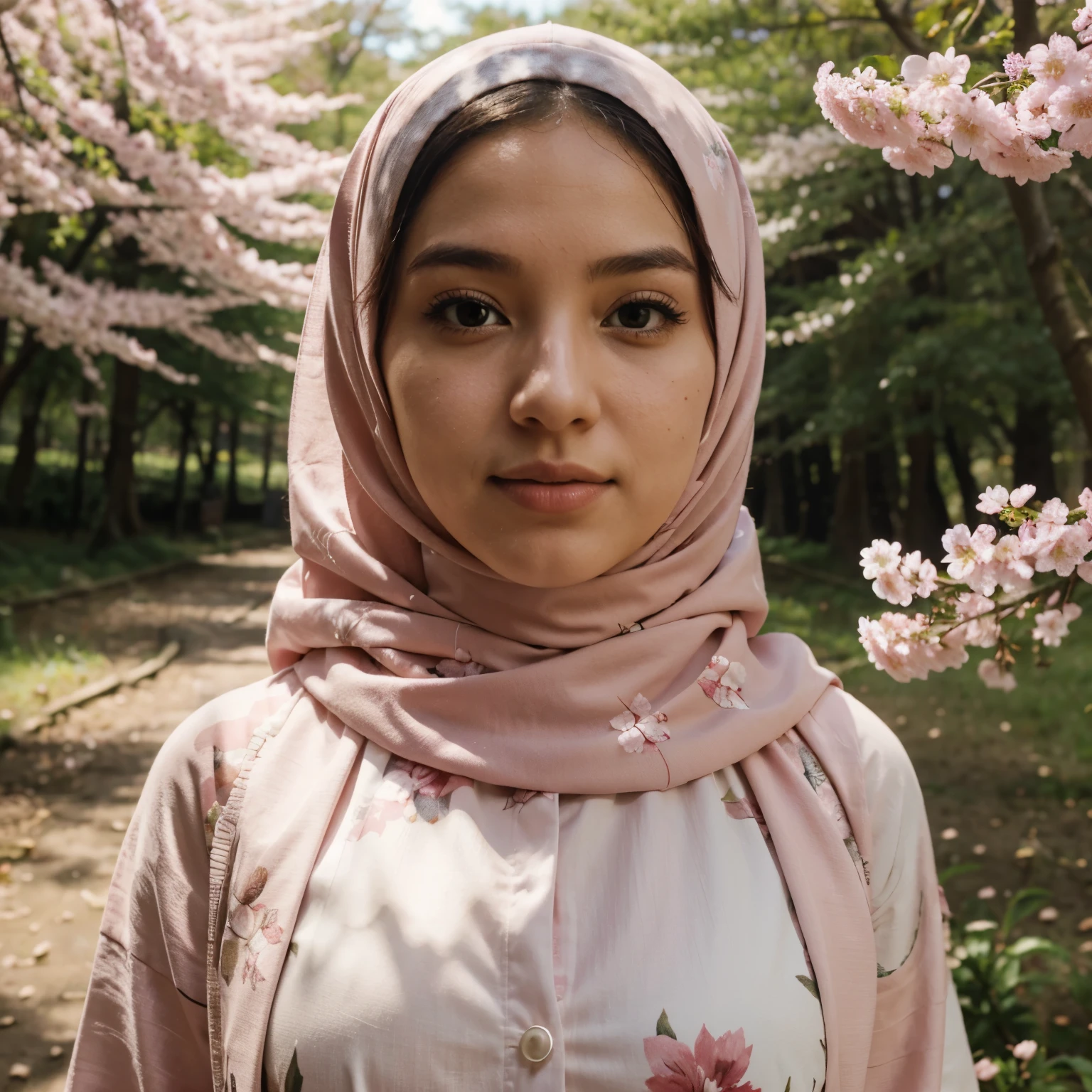 A girl with pink hijab, with turkish face, in forest of sakura flower 