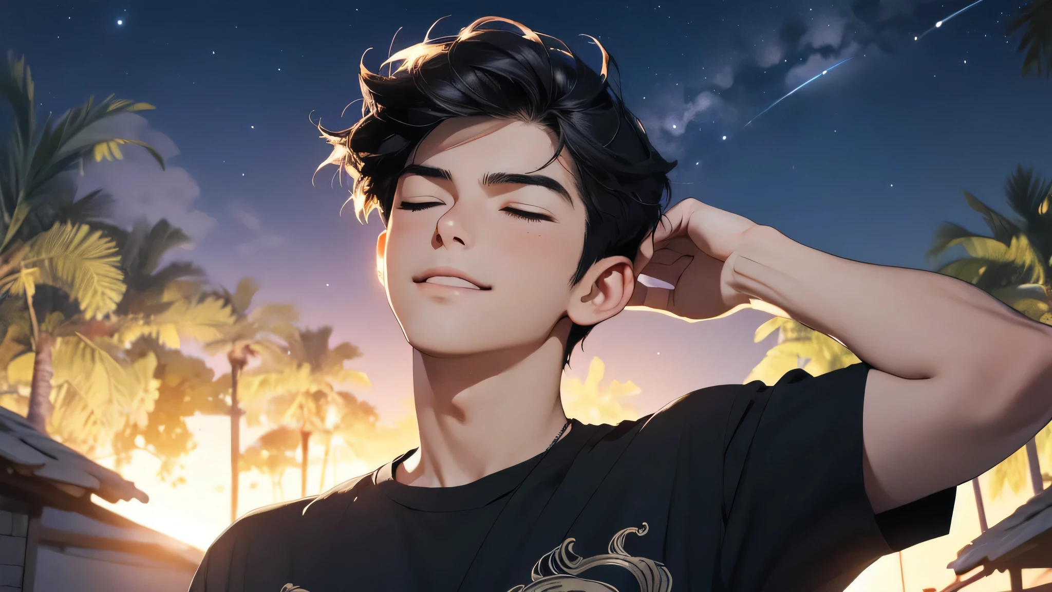 20 years old sexy boy,Looking up,closed eyes,very short hair,small smile,night sky background,absurdres,masterpiece,highres,intricately detailed,black t-shirts,detailed face,global illumination, anime