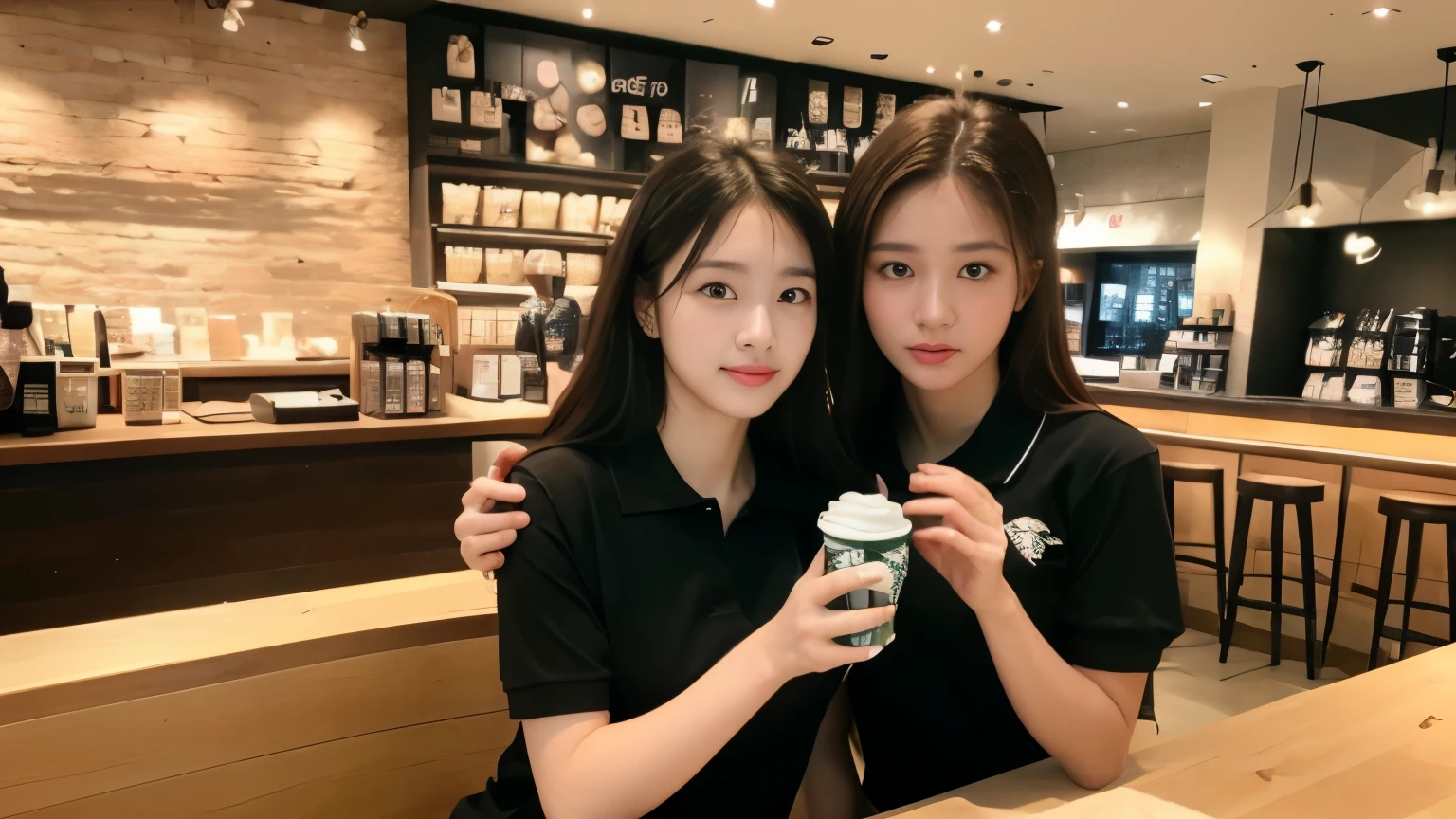 ((highest quality、8K、masterpiece:1.3))、sharp focus:1.2、beautiful woman with perfect body:1.4、(black polo shirt)、(Inside the Starbucks store:1.2)、Highly detailed face and skin texture、 detailed eye、double eyelid、sunburned肌、Sexy、sunburned
