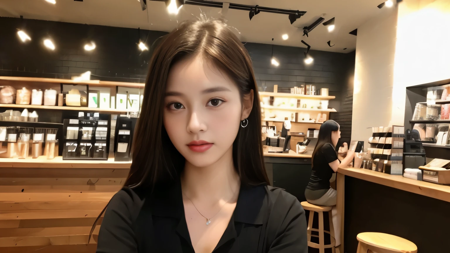 ((highest quality、8K、masterpiece:1.3))、sharp focus:1.2、Beautiful Japanese idol with perfect body:1.4、(Starbucks open cafe:1.2)、Terrace seats、Highly detailed face and skin texture、 detailed eye、double eyelid、black suit,
