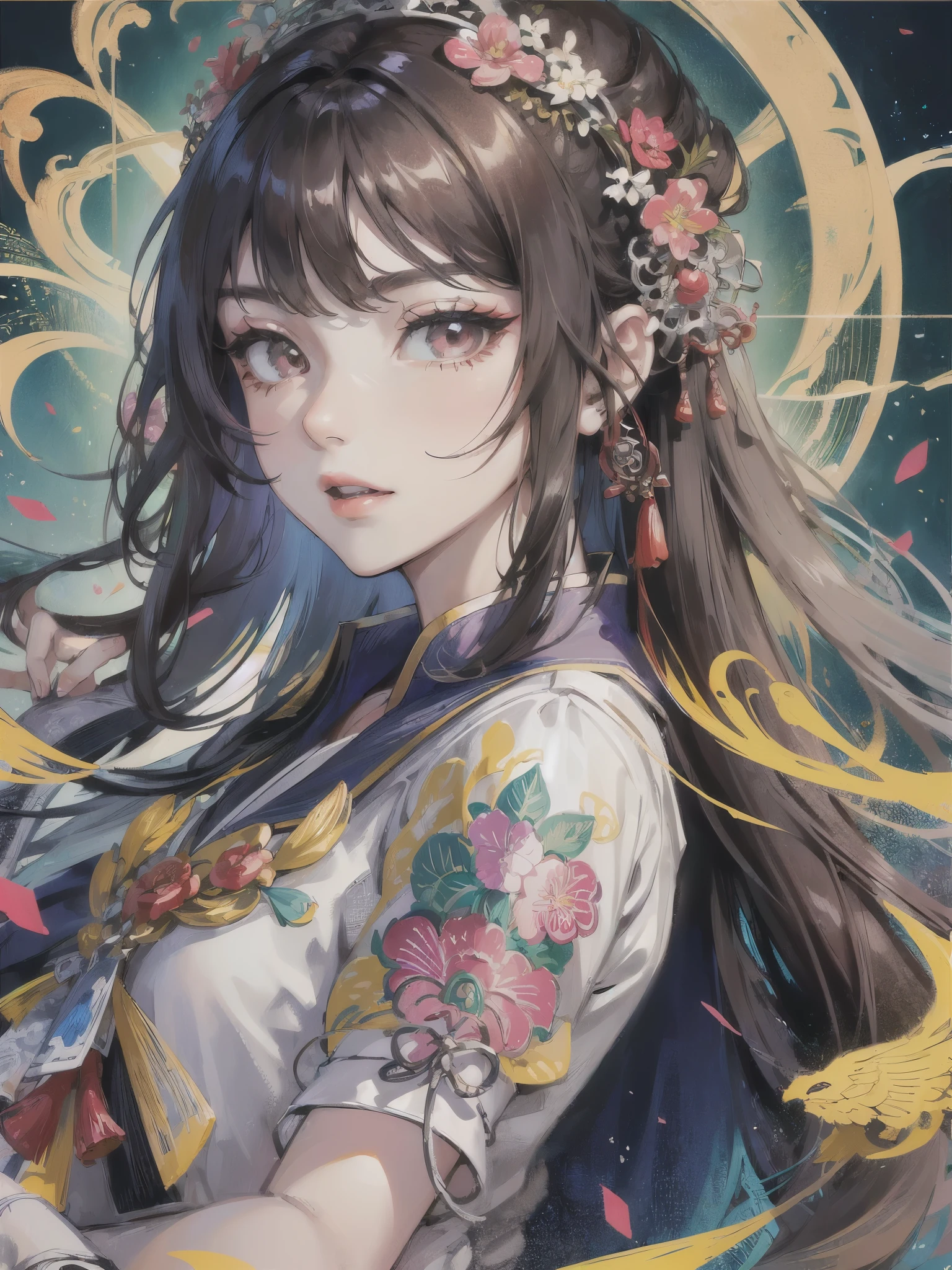 ((highest quality)),(ultra high resolution),(Super detailed),(detailed description),((best CG)),(best work of art),super precision art,amazing drawing art,(Chinese fantasy art with precise details:1.5), (adult women:1.6),(beautiful and well-shaped face:1.5),(Vibrant hu-fuku with intricate and detailed embroidery:1.6), explosion,diffusion,convergence,inflammation,water