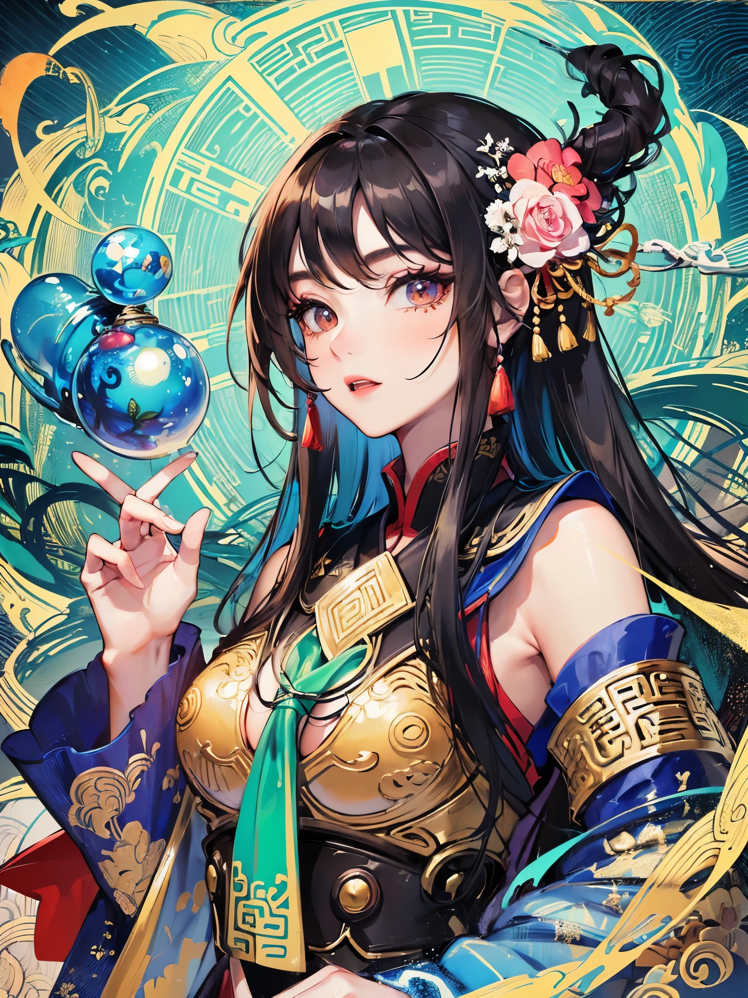 ((highest quality)),(ultra high resolution),(Super detailed),(detailed description),((best CG)),(best work of art),super precision art,amazing drawing art,(Chinese fantasy art with precise details:1.5), (adult women:1.6),(beautiful and well-shaped face:1.5),(Vibrant hu-fuku with intricate and detailed embroidery:1.6), explosion,diffusion,convergence,inflammation,water
