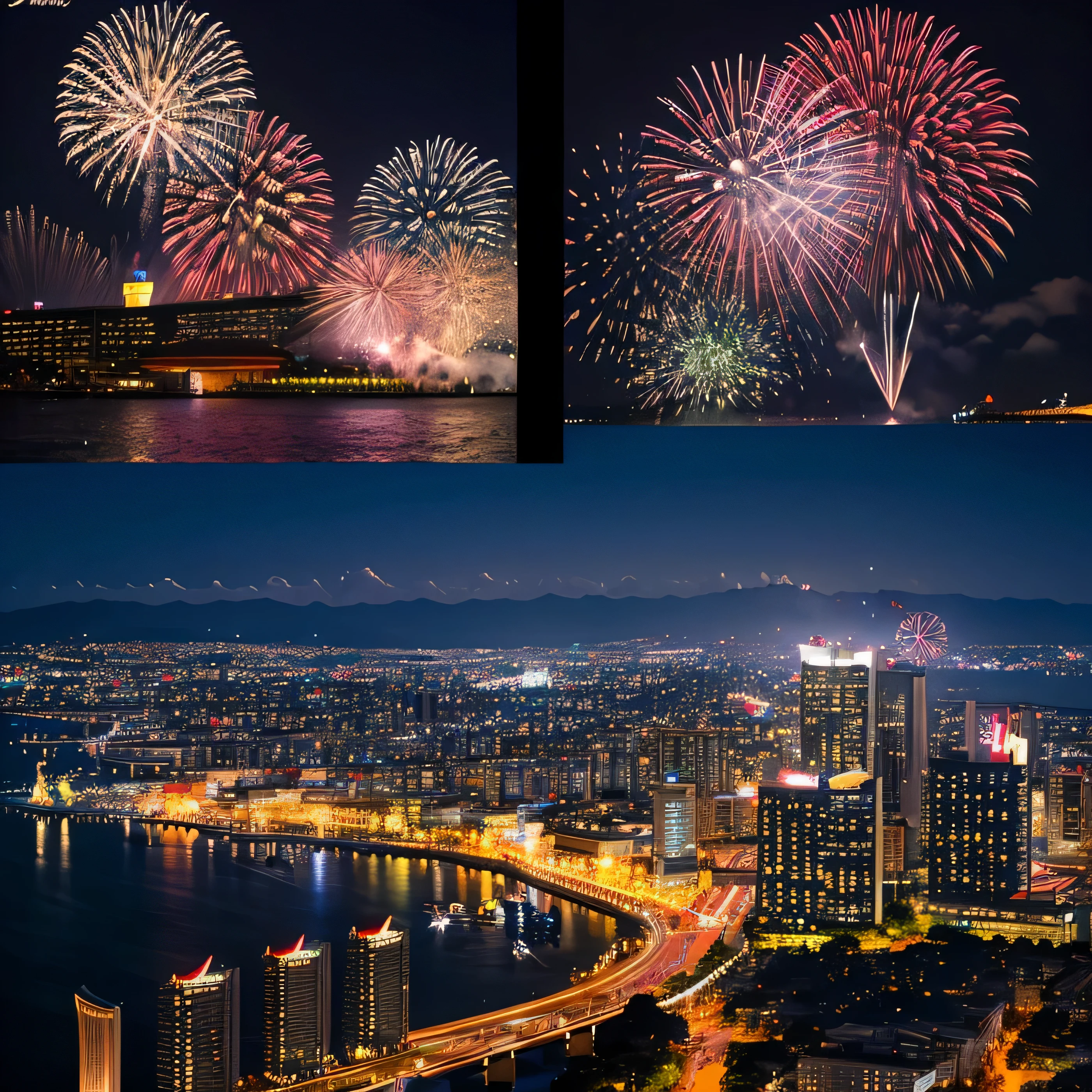 Kobe、Kobe、port tower、Maritime Museum、oriental hotel、night view、all over the sky々firework、lots of firework、Weeping firework、mirror reflection、All the scenery above is reflected in the sea、Cherry blossoms in front of lower left