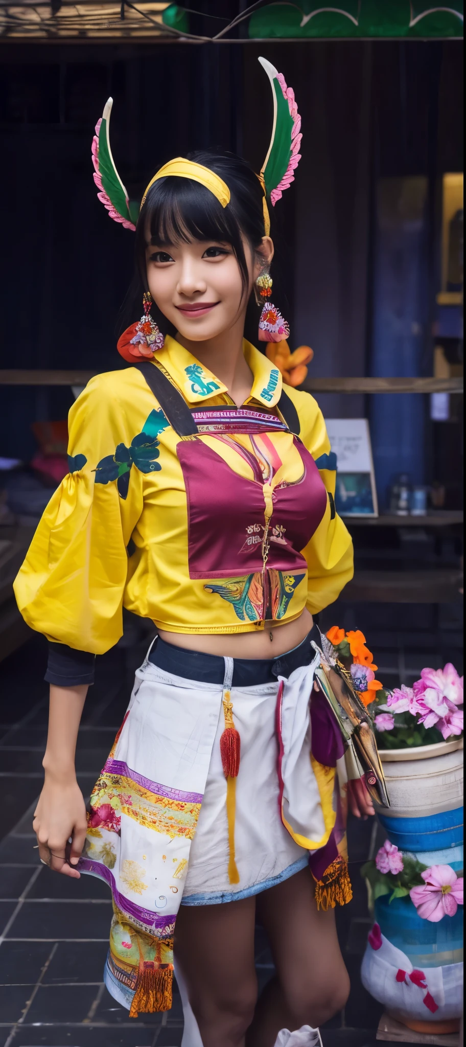 1 girl, indonesian girl, 23 years old, (black hair super-long 1 meters), (very beautiful face, very sweet, sharp eyes like an angel from heaven ), (beautiful hair), actress, smile, shiny skin, best quality, masterpiece, (photorealistic:1.4), terrace seating, asian, indonesian, jakarta, denim long skirt (realistic fabric), white short sleeves (cotton fabric), (no logo), thin fingers