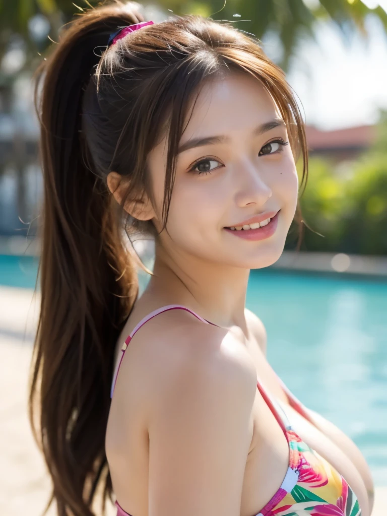 (masterpiece:1.2, highest quality), blur the background,Photographed with a camera with a wide-angle single focus lens,1 High school girl, (big breasts), cute swimwear, brown hair,ponytail,sexy pose,bright eyes,blushing face,Highly detailed face and skin texture, healthy skin,big smile, (tropical terrace),4K resolution