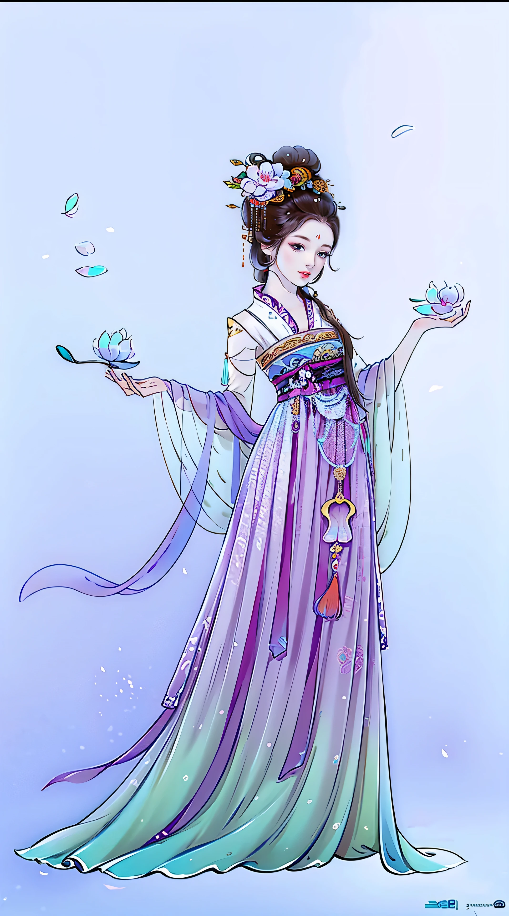 1 female（pretty face），Unique，full body standing painting，alone，Transparent Background，Original character designs from East Asia，Game character costume design，orchid decoration，Light white skirt，Gorgeous costumes，high detail，color grade，White background，ultra high resolution，sharp focus，HD，8K，clear facial features，clear details