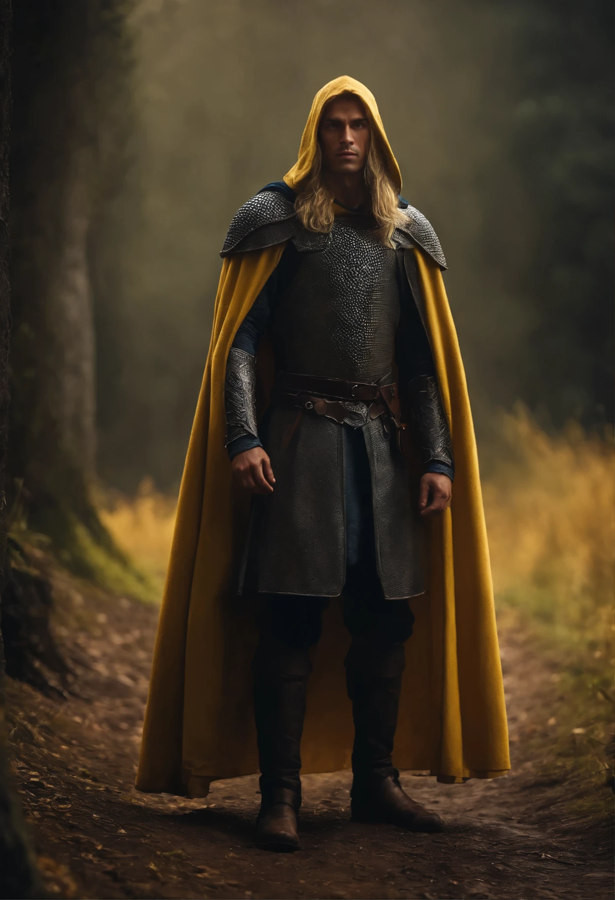 mysterious young man, long blond hair, detailed dark blue eyes with high detail, chain mail armor, dark hooded yellow cloak, dark fantasy, cinematic frame, misty hills background, medieval, masterpiece, all in a dark fantasy artstyle