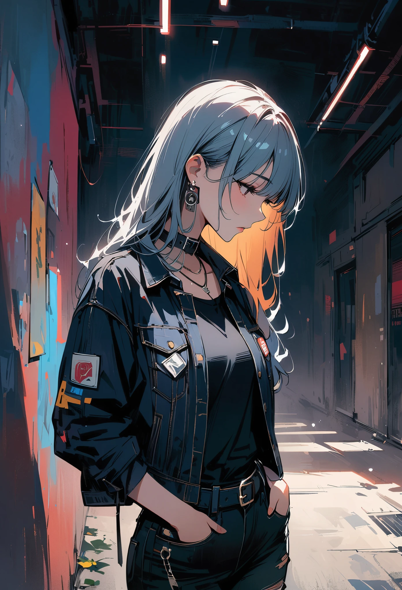 (masterpiece:1.2, best quality), (1 lady, alone, Upper body:1.2), hair: buzz clip, clothing: extra large, Distressed denim jacket with patches and pins, Wear yours with black skinny jeans and military boots, Accessories: Silver earrings and black collar necklace, Hanging out in an underground music venue or street art exhibit

