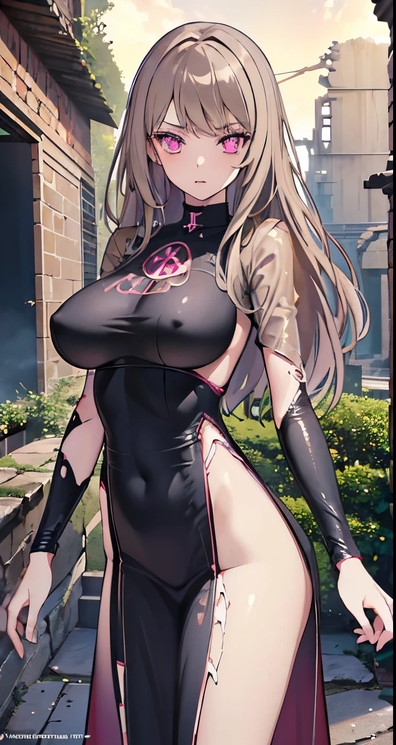 ((Beautiful Beautiful Girl)),(pink eyes), 1 and slender woman, degree々big breasts, ((light brown beige hair)),((Medium long Hair)),In 8K, top quality, (highly detailed head: 1.0), (very detailed face: 1.0), (highly detailed hair: 1.0),((sheer black obscene whore costume)), (Living clothes), Detailed official artwork, clean detailed anime art,((ruins))