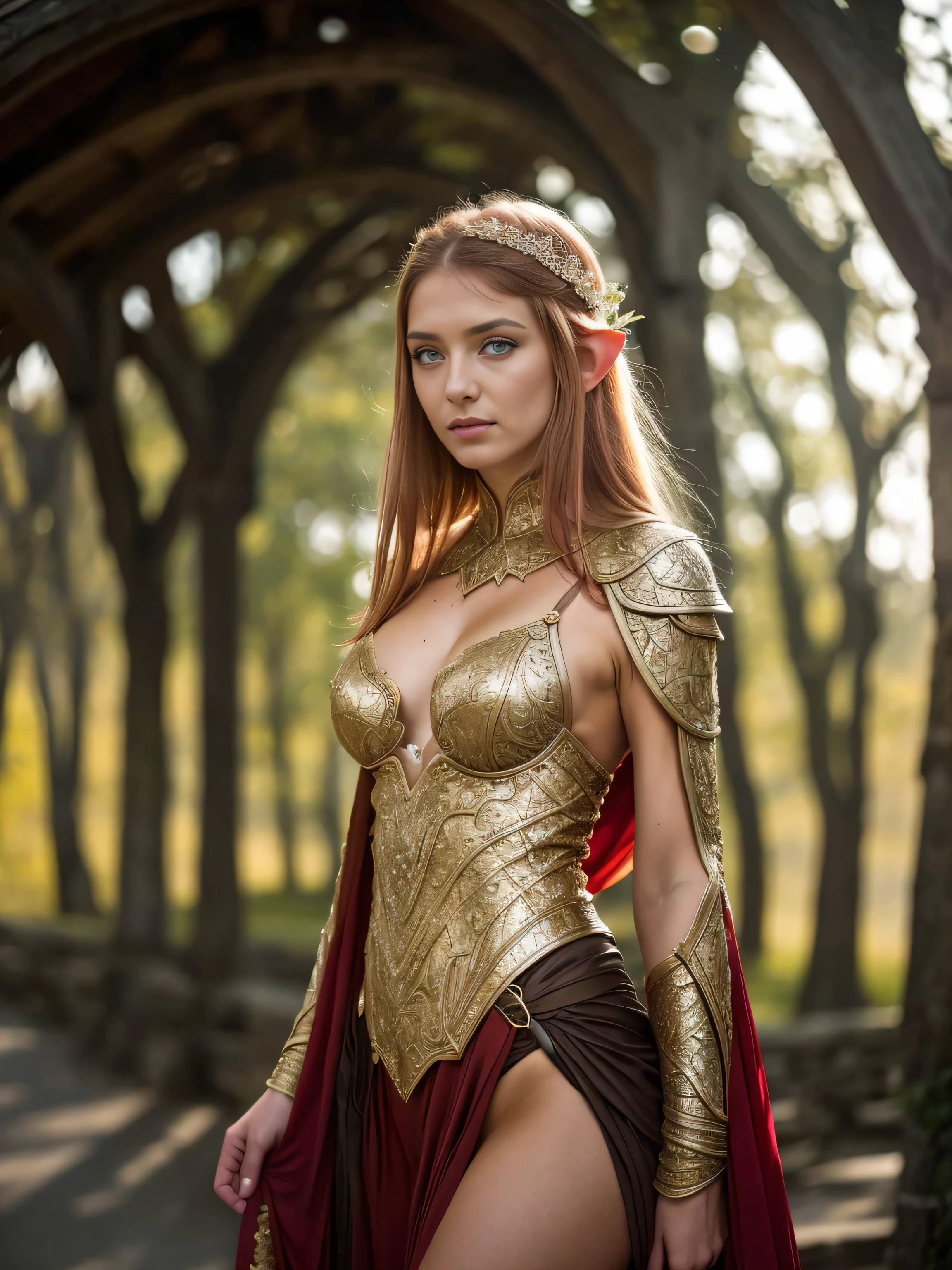 Meisterwerk, a beautiful elf, (Adriana Malkova), (delicate transparent armor), (medium breasts), (perfect body), (redblonde, langes Haar), outside, (Hauttextur:1.1), best quality, ultra high resolution, RAW-Foto, Nikon D850, Hintergrundbeleuchtung, Felgenlicht, helles Sonnenlicht, Filmkorn:1.2, (warmer Farbton, warmer Ton:1.2), (Farbfoto), Fantasy-Schlachtfeld-Hintergrund, 