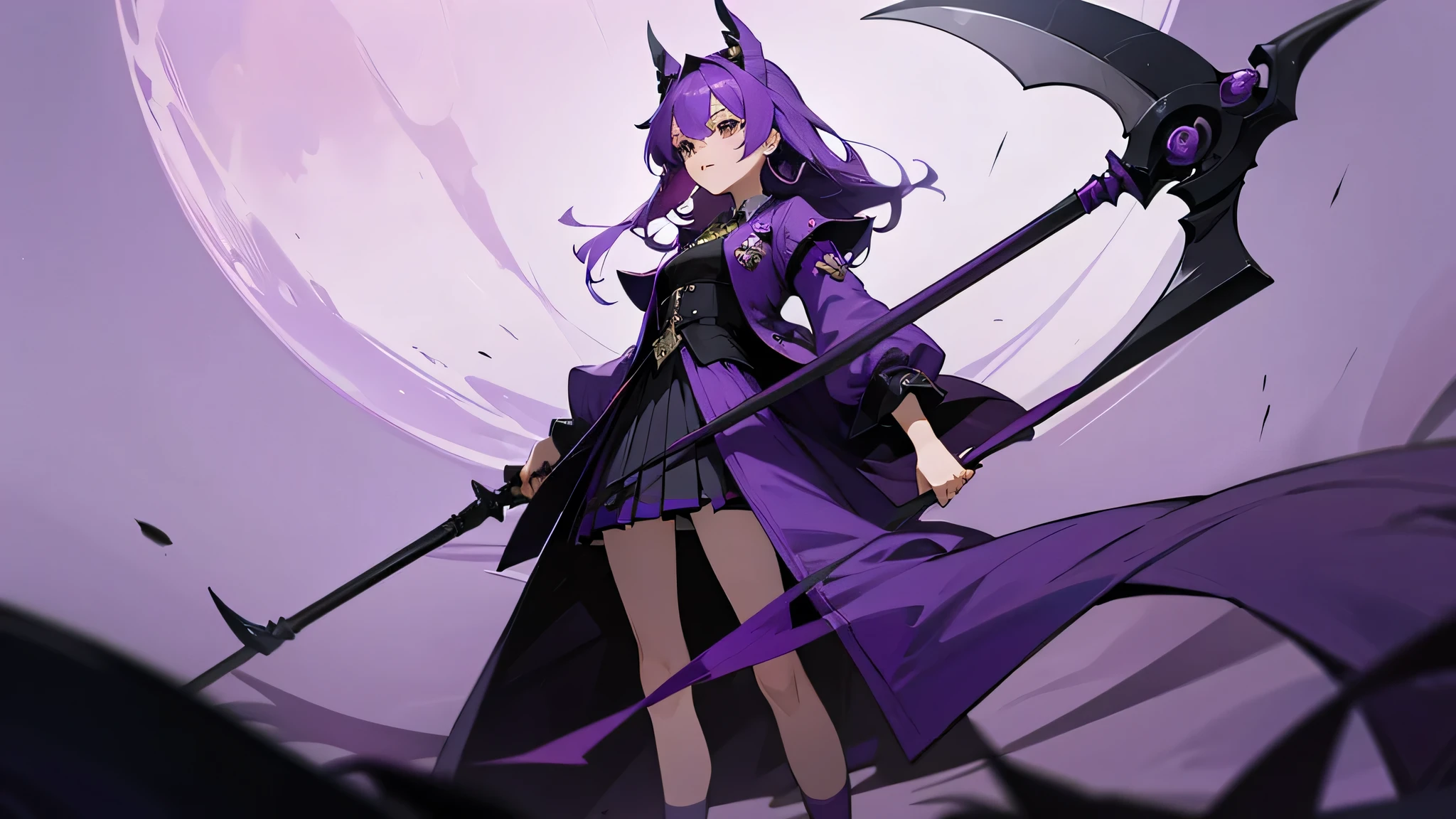 purple hair,girl,High,Royal sister,Scythe weapon,purple high socks,Purple JK skirt,Background bloody moon
