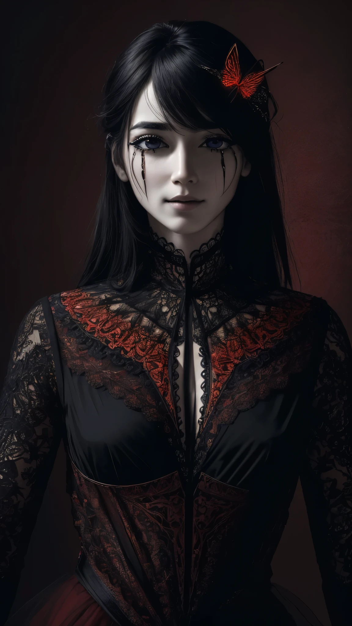V0id3nergy,glowing, blood_vessels,, (masterpiece:1.3), (best_quality:1.3), (ultra_detailed:1.3), 8k, extremely_clear, realism, (ultrarealistic:1.3),, insane details, intricate details, hyperdetailed, ultra detailed, extreme detailed, highest detailed, high_detail, colorful, beautiful, hdr, photorealistic, highres, ultra_high_res, photography, aesthetic, extremely_delicate,((fractal art)),colorful, moth (covering left eye), somber expression, crying (red), (horror art, dread),highres, 16K,RAW,ultra highres,ultra details,finely detail,an extremely delicate and beautiful,extremely detailed,real shadow, realistic,highly detailed photo,award winning glamour photograph,photorealistic,