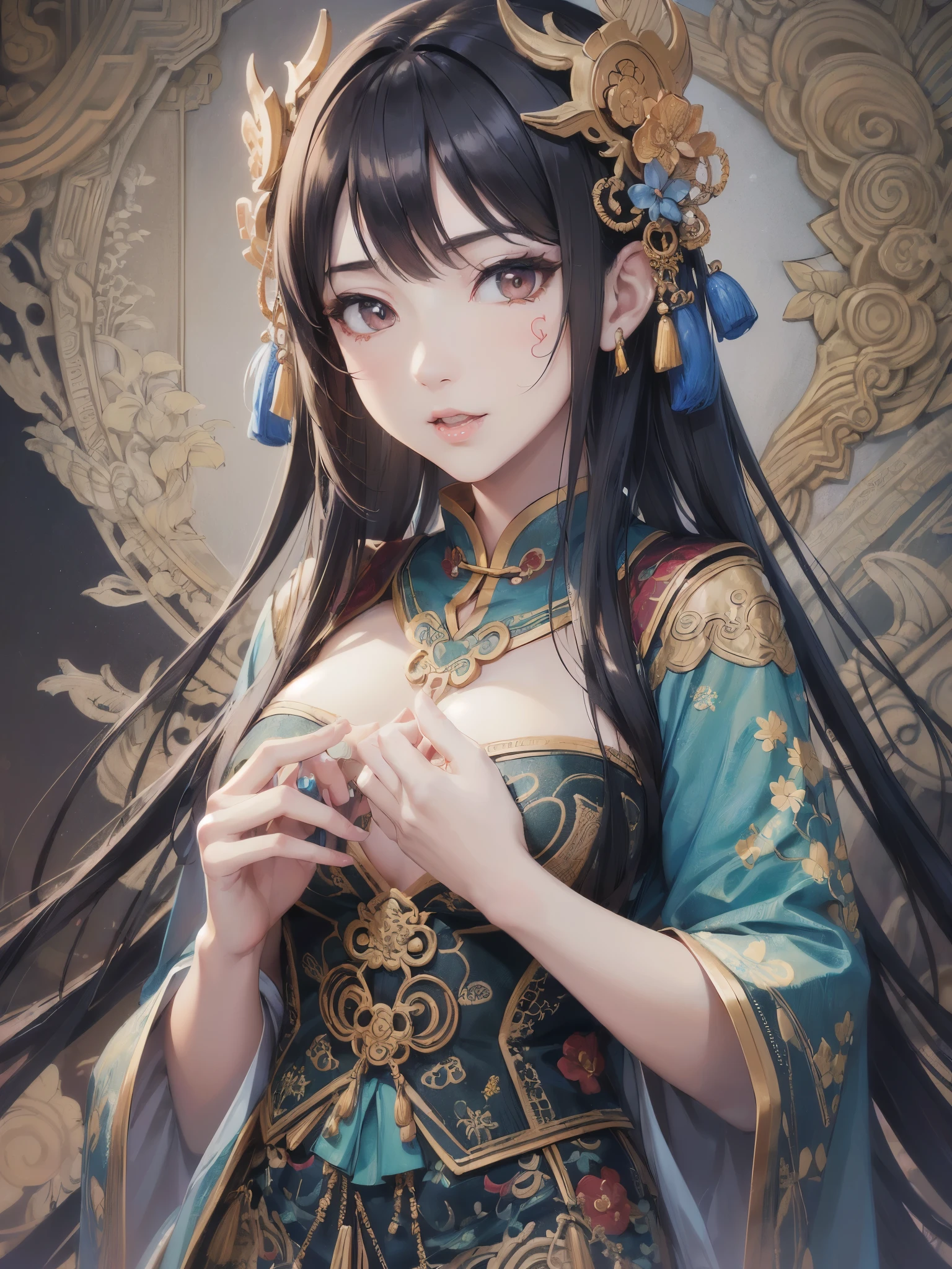 ((highest quality)),(ultra high resolution),(Super detailed),(detailed description),((best CG)),(best work of art),super precision art,amazing drawing art,(Chinese fantasy art with precise details:1.5), (adult women:1.6),(beautiful and well-shaped face:1.5),(Vibrant hu-fuku with intricate and detailed embroidery:1.6), diffusion:1.4,water:1.1