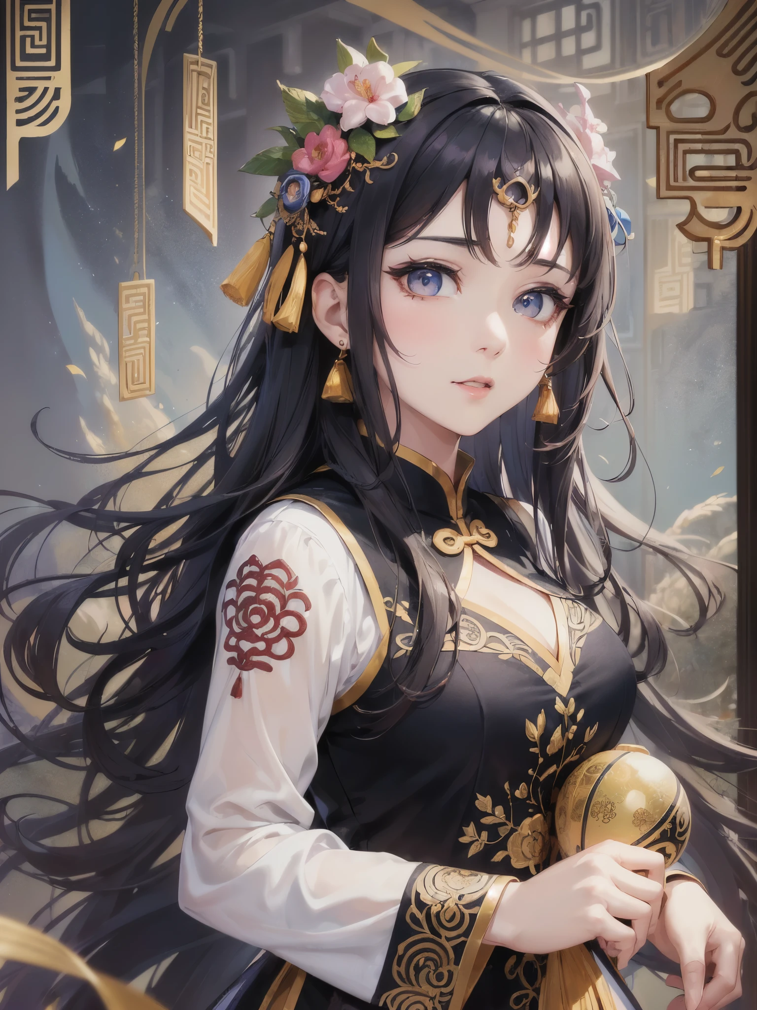 ((highest quality)),(ultra high resolution),(Super detailed),(detailed description),((best CG)),(best work of art),super precision art,amazing drawing art,(Chinese fantasy art with precise details:1.5), (adult women:1.6),(beautiful and well-shaped face:1.5),(Vibrant hu-fuku with intricate and detailed embroidery:1.6), diffusion:1.4,water:1.1