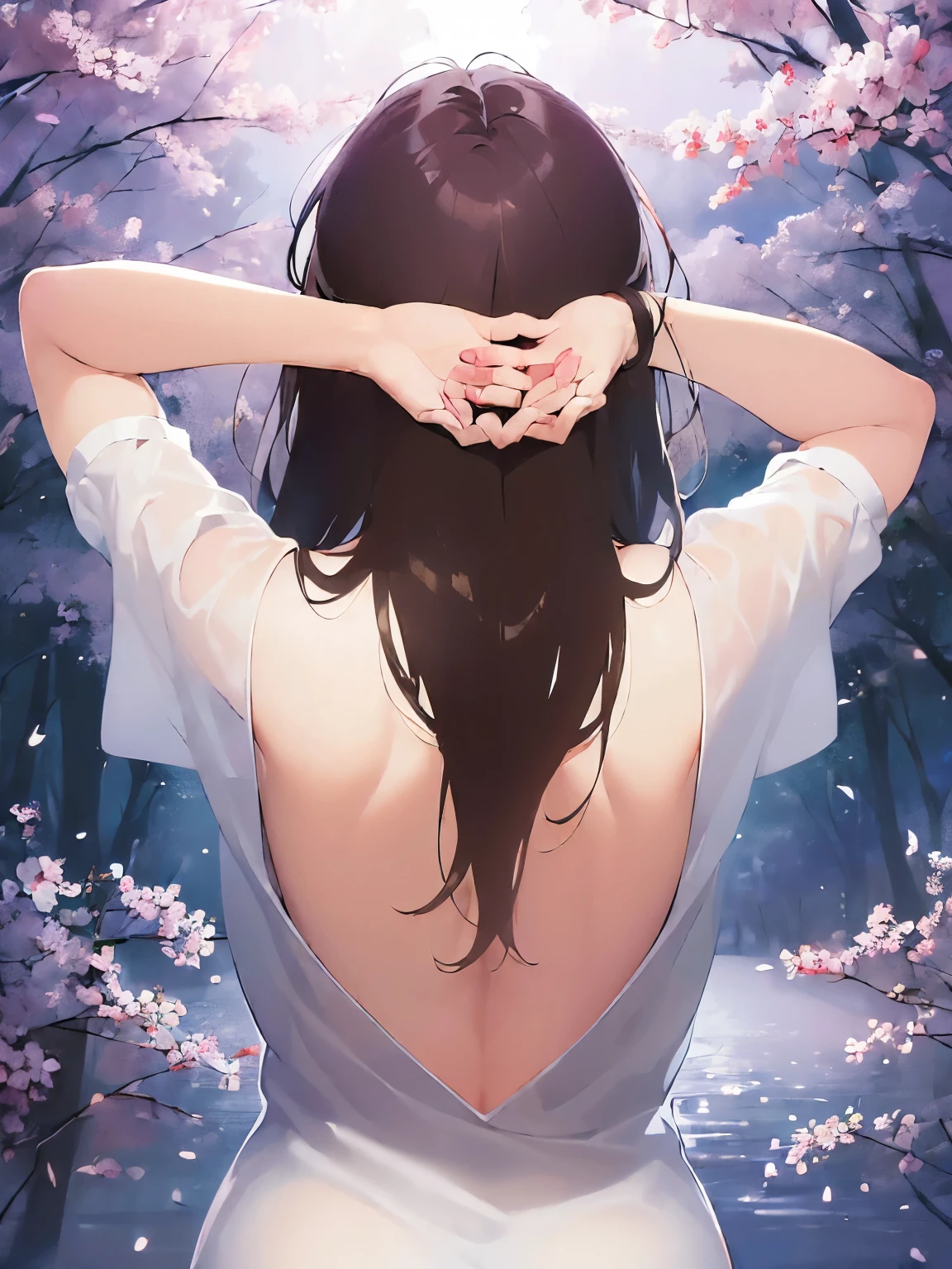 (back view:2)、shooting from behind、Upper Body, Realistic, real person, (pale skin: 1.2), RAW photo, photorealistic, portrait photography, shiny skin, japanese idol、shiny hair、(25 year old woman with medium hair) and (wavy hair) and (brown hair) and (closed eyes:1.2), (tears:1.3), white t-shirt、
