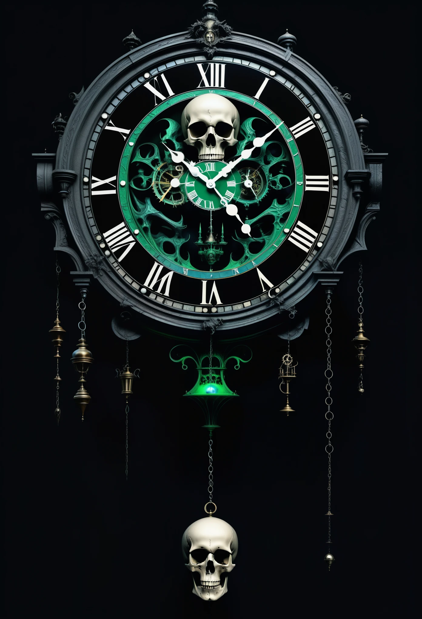 unfinished, hatching (texture),giant pendulum clock supported by demon sculptures, Pendulum made of skulls, Highlight thin strokes, dark rich color palette, Black, Red, white, blue,green phosphorescent fire, hellish landscape, detailed demon figures, ornate clock face, dark and ominous ambiance, (sinister, foreboding atmosphere:1.1), high-quality 3D rendering, (best quality, masterpiece:1.2), ultra-detailed, (realistic, photo-realistic:1.37), intricate stonework, Gothpunk style, death-themed art, surreal fantasy art, photorealistic, Surrealism, high detail, 8k, highres, UHD, masterpiece, best quality