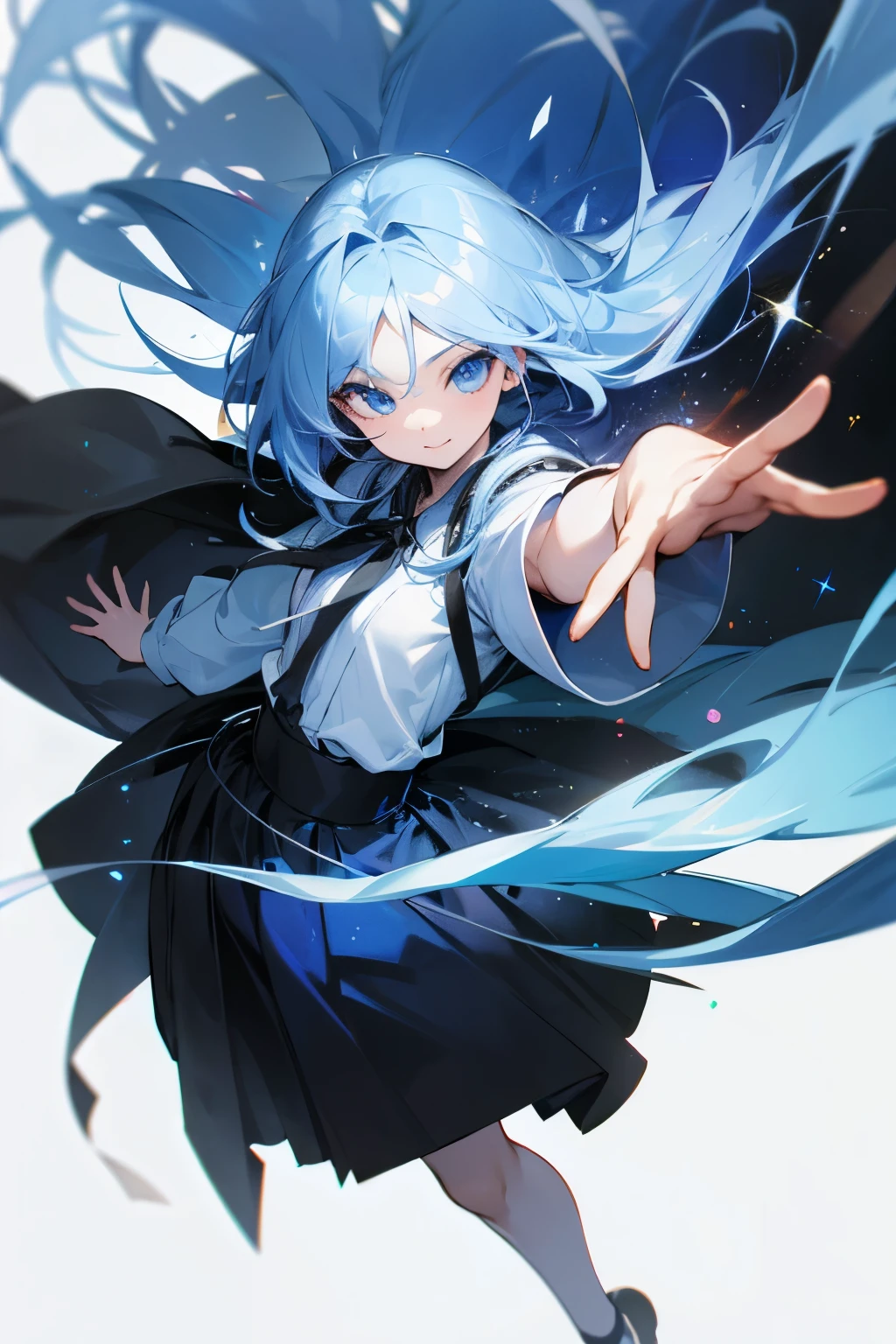 (1 cute girl:1.2, full body:1.1), (highly detailed background:1.0), (highly detailed background:1.0), masterpiece, best quality, ultra high resolution, 8K, BREAK, (sparkling hair, long hair), BREAK, detailed clothing, sparkling silver shirts, half sleeves, BREAK, detailed skin, white skin, glossy skin, BREAK, detailed eyes, sparkling eyes, BREAK, looking at the viewer, smile, white background