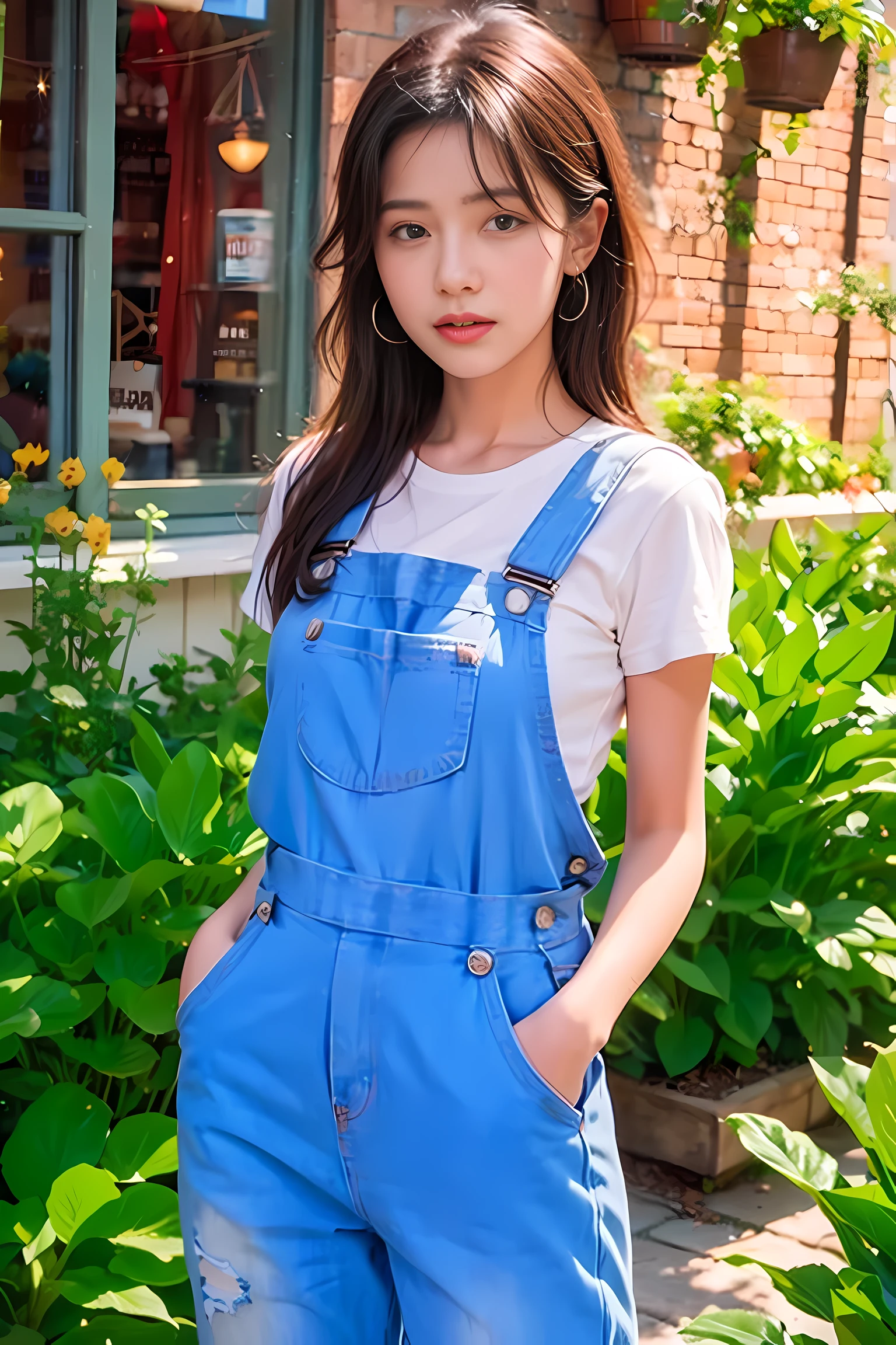 Realistic photography, 8k ,beautiful woman, cute overalls