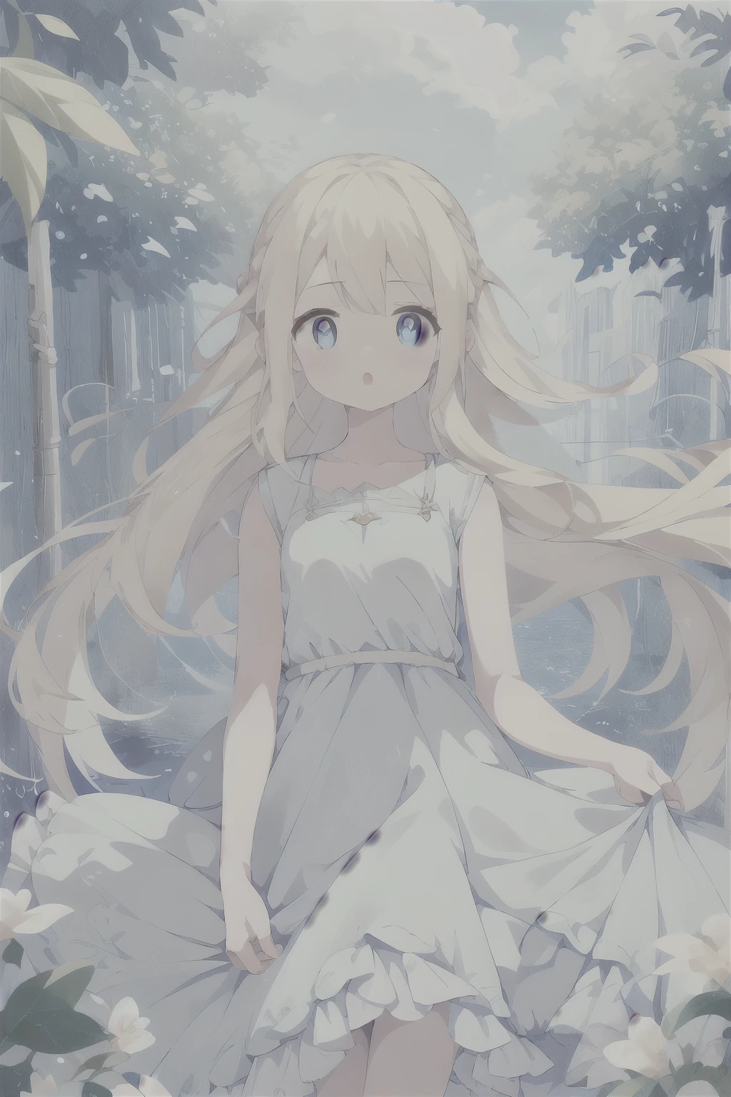 1 girl, Light blue long dress,blond,blue pupils,White,whole body