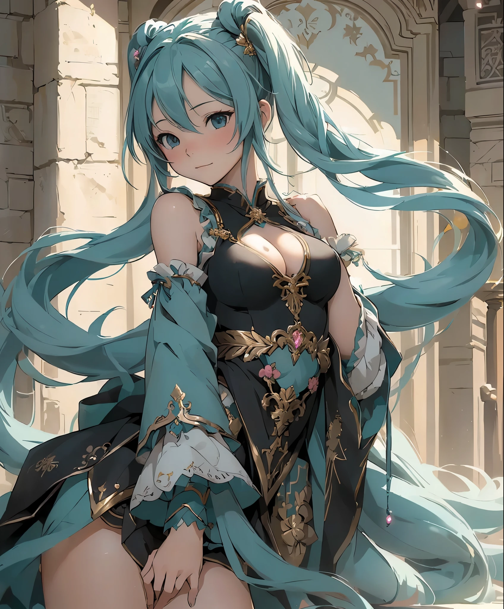 (masterpiece、highest quality、highest quality、official art、beautiful beautiful:1.2)、(1 girl:1.3)Hatsune Miku、twin tails,big breasts,miku hatsune,arabian nights,Bewitching dances,palace-like palace,beautiful breasts,Golden costume