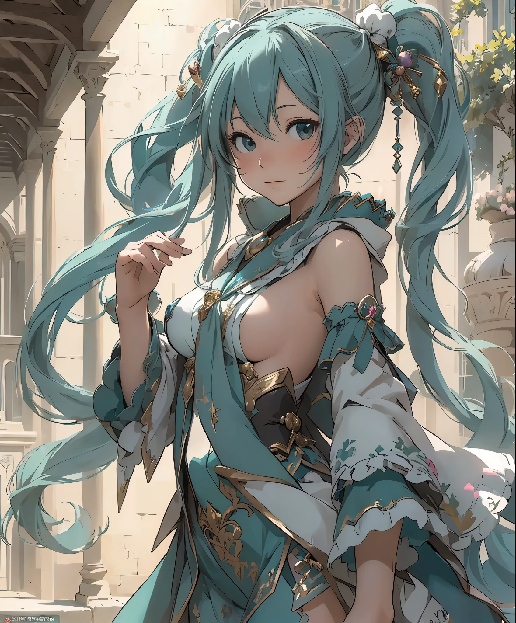 (masterpiece、highest quality、highest quality、official art、beautiful beautiful:1.2)、(1 girl:1.3)Hatsune Miku、twin tails,big breasts,miku hatsune,arabian nights,Bewitching dances,palace-like palace,beautiful breasts,Golden costume