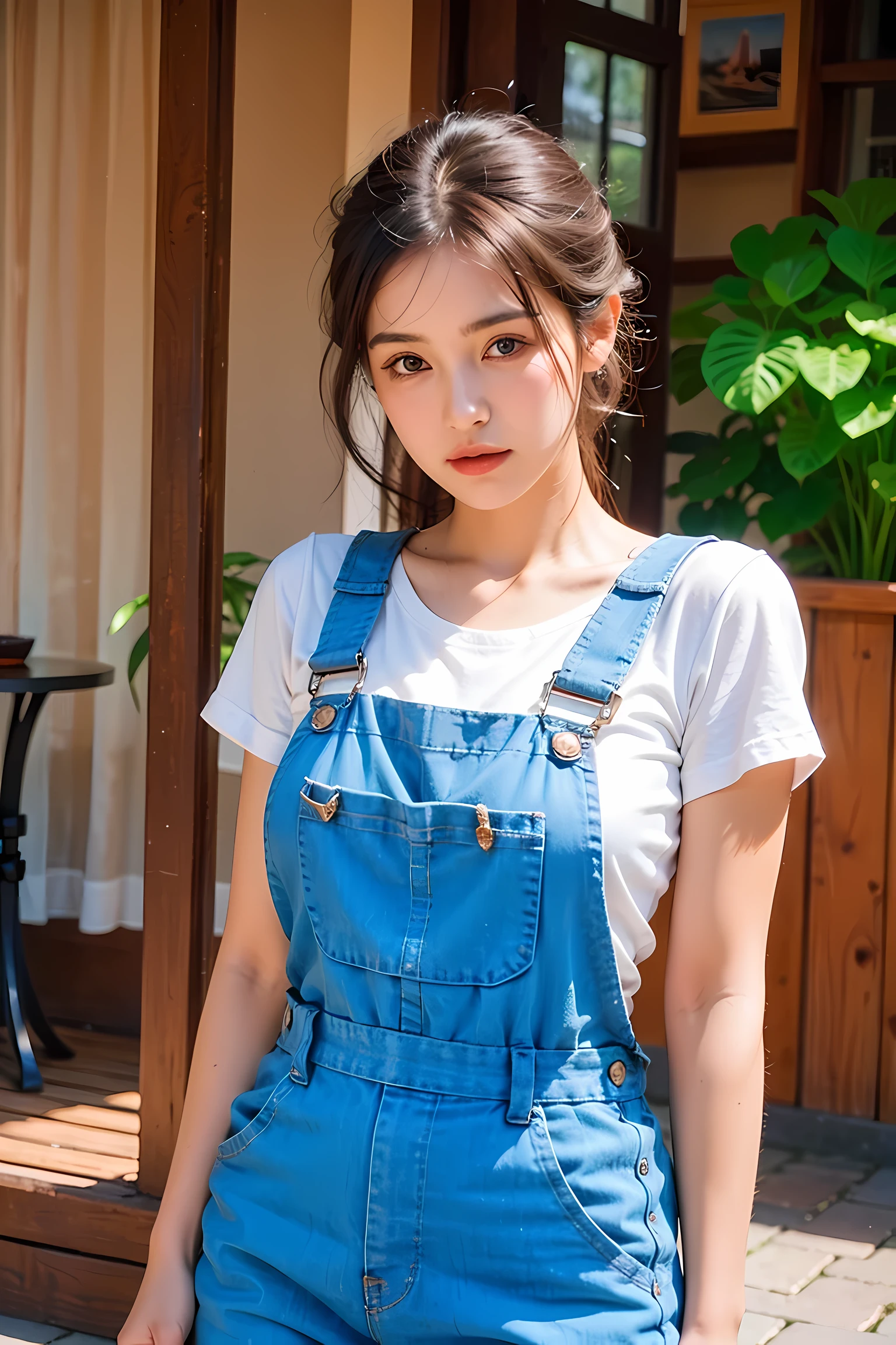 Realistic photography, 8k ,beautiful woman, cute overalls