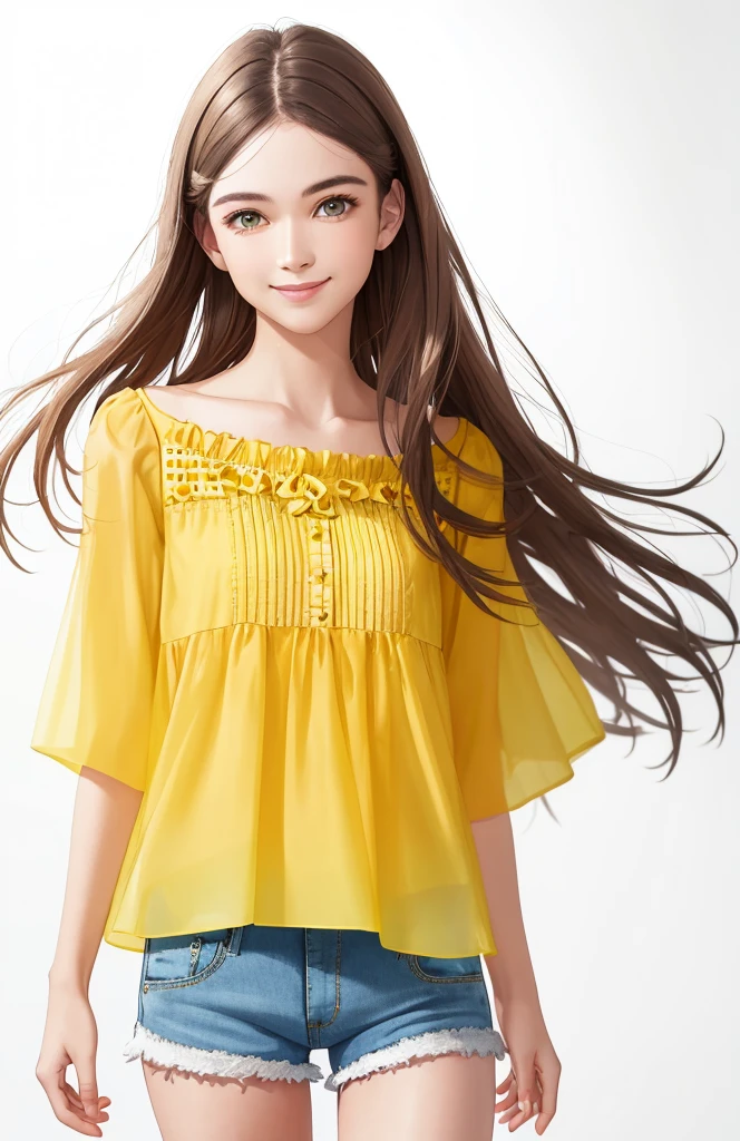 1girl, realistic, standing, photo, gorgeous yellow blouse, shorts, looking past viewer, feminine, smile, photorealism, fashion design, simple white background, (perfect face:1.4), model, vogue magazine cover