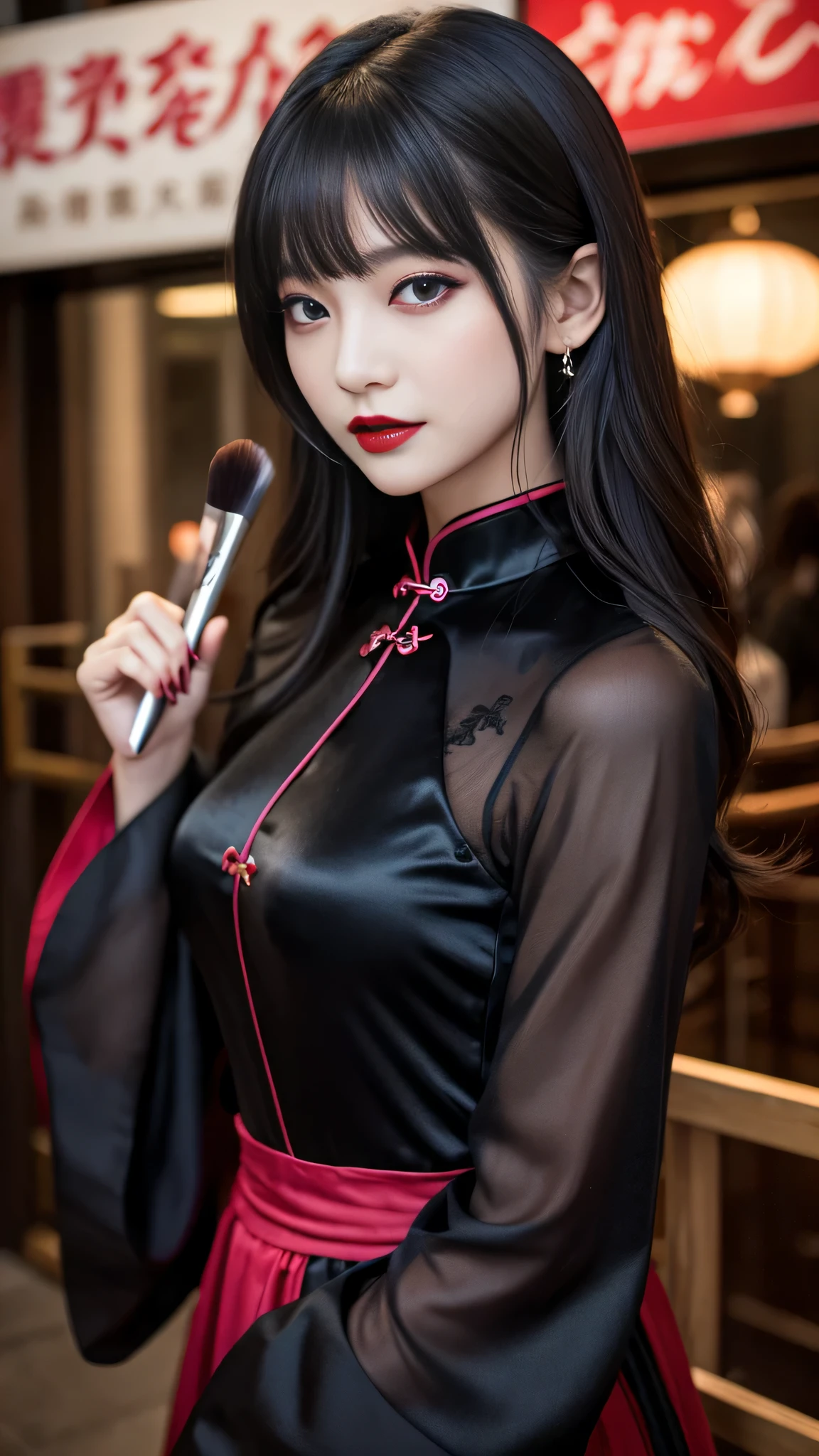detailed、Japanese、charming beauty、seductive adult woman、Beautiful woman、sharp eyes、cool girl、wavy hair、flowing bangs、long black cheongsam、wide sleeve、evilの幹部、evil depravity、brainwashing、Mind control、lipstick、lip gloss、grin、evilな表情、evil、empty eyes、evil、night walk、vampire、Succubus、vampire、makeup brush