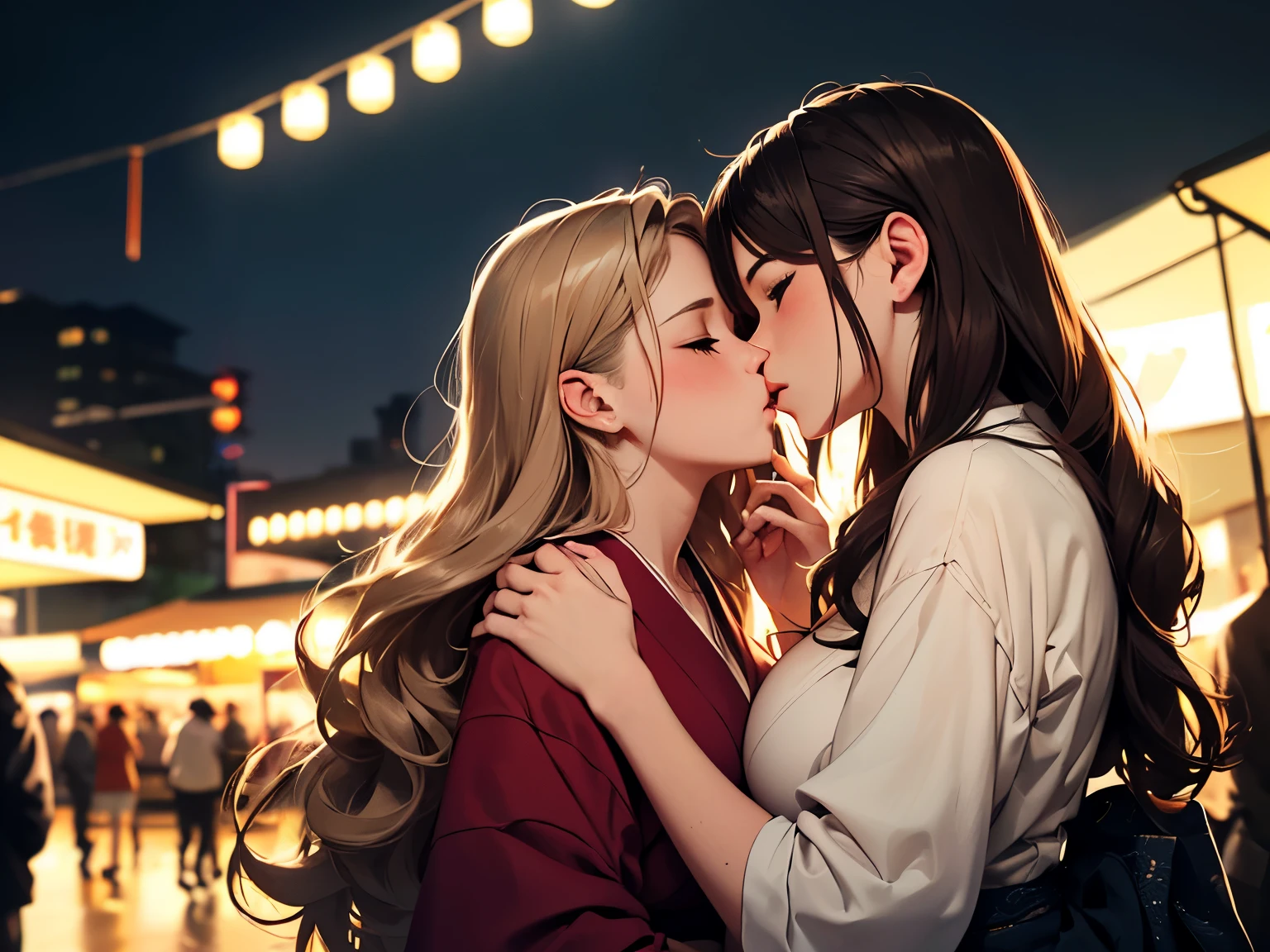 (((best quality))),masterpiece,ultra high resolution,(ultra high definition),(movie quality:1.3),(movie lighting),(low light environment:1.4),Female couple kissing woman wearing yukata in night market in Taiwan, (SFW) Work, kissing together cutely, (((Girl Love Art))), OPPEIN, Side milk, Slightly saggy big breasts, small breasts, (((Very long wavy blonde hair))), (((Straight brown hair with side bangs))), (girl love kiss), The mouth is very detailed,  (girl love hug), touch her hand, touch her clothes, touch her breasts, (((Hands touching her breasts))), sit on lap, Long hair fluttering in the wind, SFW version