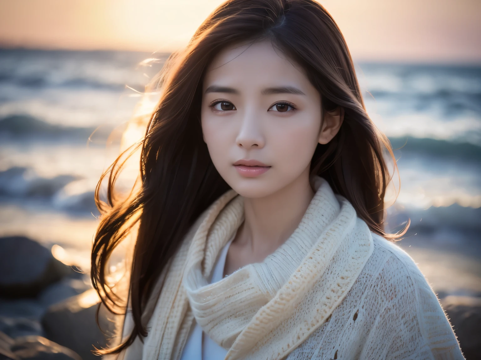 (knitwear)、(top-quality,masterpiece:1.3, Super high resolution), (ultra-detailliert,Caustics),(Photorealsitic:1.4,RAW shooting,)Ultra-realistic capture, A highly detailed, high-definition 16K for human skin、 Skin texture is natural、The skin looks healthy with an even tone、 Use natural light and color, One Woman, Japanese, kawaii, A dark-haired, Middle hair, (depth of fields、chromatic abberation、Wide range of lighting、Natural Shading)、(Hair swaying in the wind:1.2)、Her dark hair, gently swaying in the wind, frames her delicate features, adding to the ethereal beauty of the moment. As she gazes out towards the horizon, there is a sense of reverence in her demeanor, as if she is offering a silent prayer to the ocean and the setting sun. The depth of field and natural shading further enhance the realism of the scene, creating a captivating image of a woman at one with nature, her soul seemingly intertwined with the rhythm of the waves and the colors of the sky.