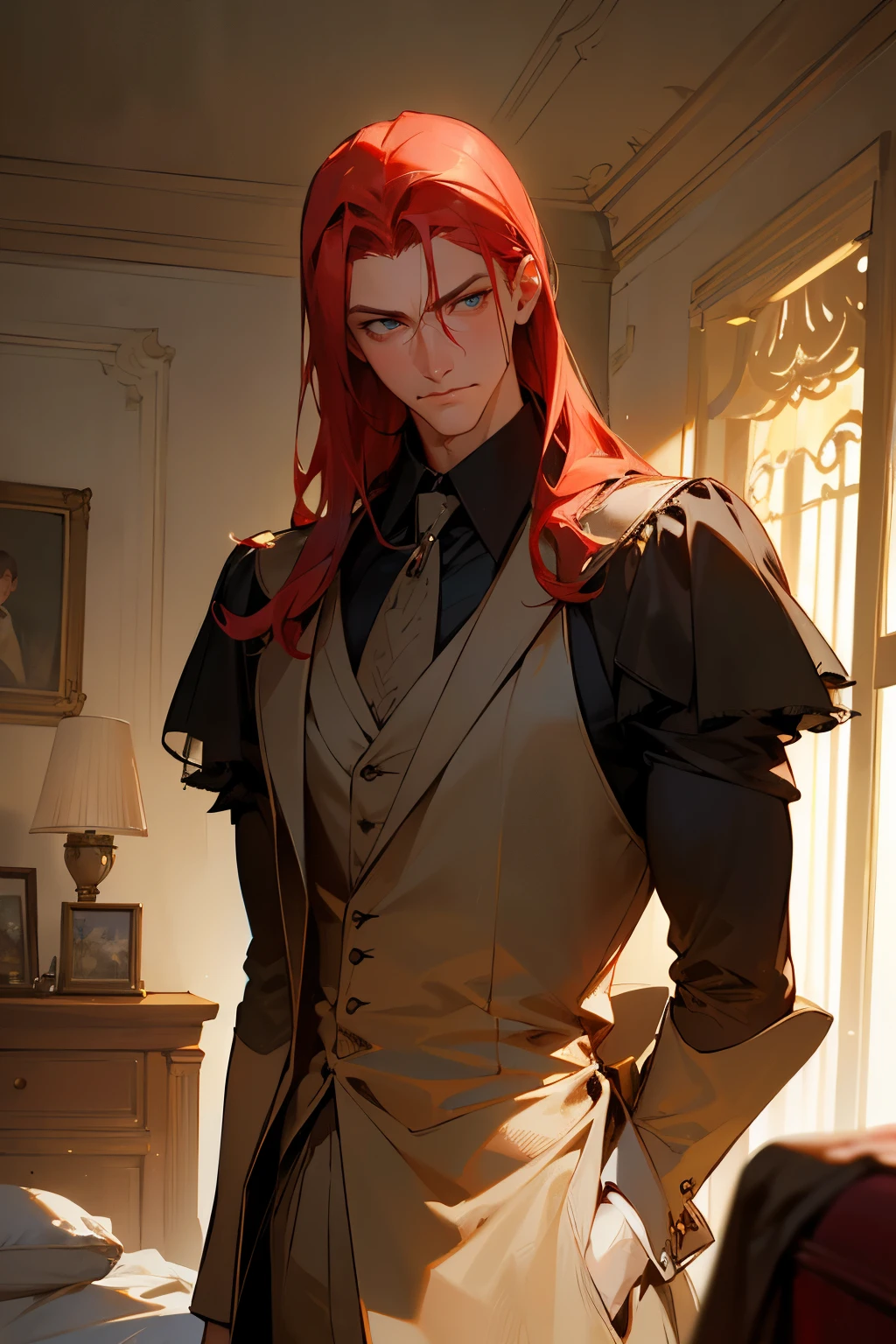 Masterpiece, Best quality, Realistic, 1 man, (elegant duke:1.3)handsome, tall, detailed, sharp eyes, Pale skin, Red hair, blue eyes, tired eyes, stars in his eyes, brash, stubborn, self-righteous, egotist, ((dark bedroom:1.2)), Clutter in the room, lots of details, ((masculine:1.2)), strong, slight smile, dtalesized light background, detailed lighting, highlights, (Sakimical Frank Franchetta, Heise Jinyao)