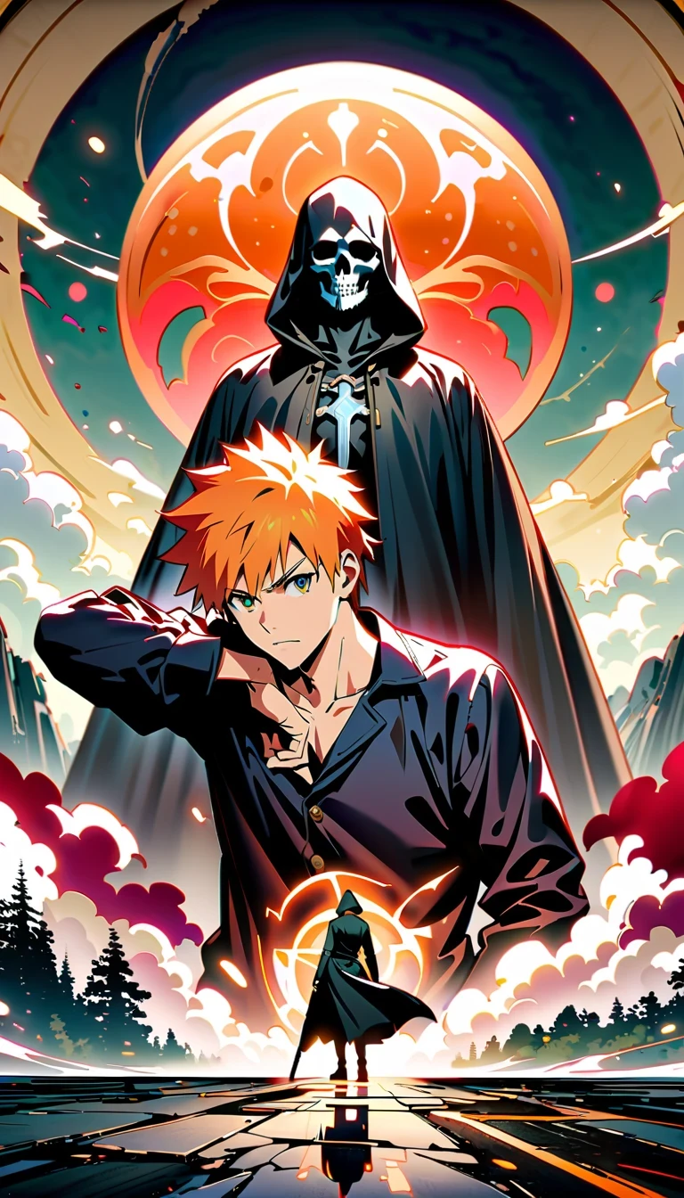 whole body, Kurosaki Ichigo, die worldview, orange hair, Grim Reaper costume, Sword holding posture, High-resolution digital art, 2.5D CGI技术, High quality details, Strength and determination, Yang Jie style, meditative rock scene, In-depth character description, 4K visual experience, Kurosaki Ichigo Characteristics, advanced art technology, world architecture perspective, Character display, aesthetic photography art, descriptive details, About the ultimate sense of reality, art style imitation, character building, Plot world description, environmental details, Character emotional expression, "die" Cultural atmosphere.