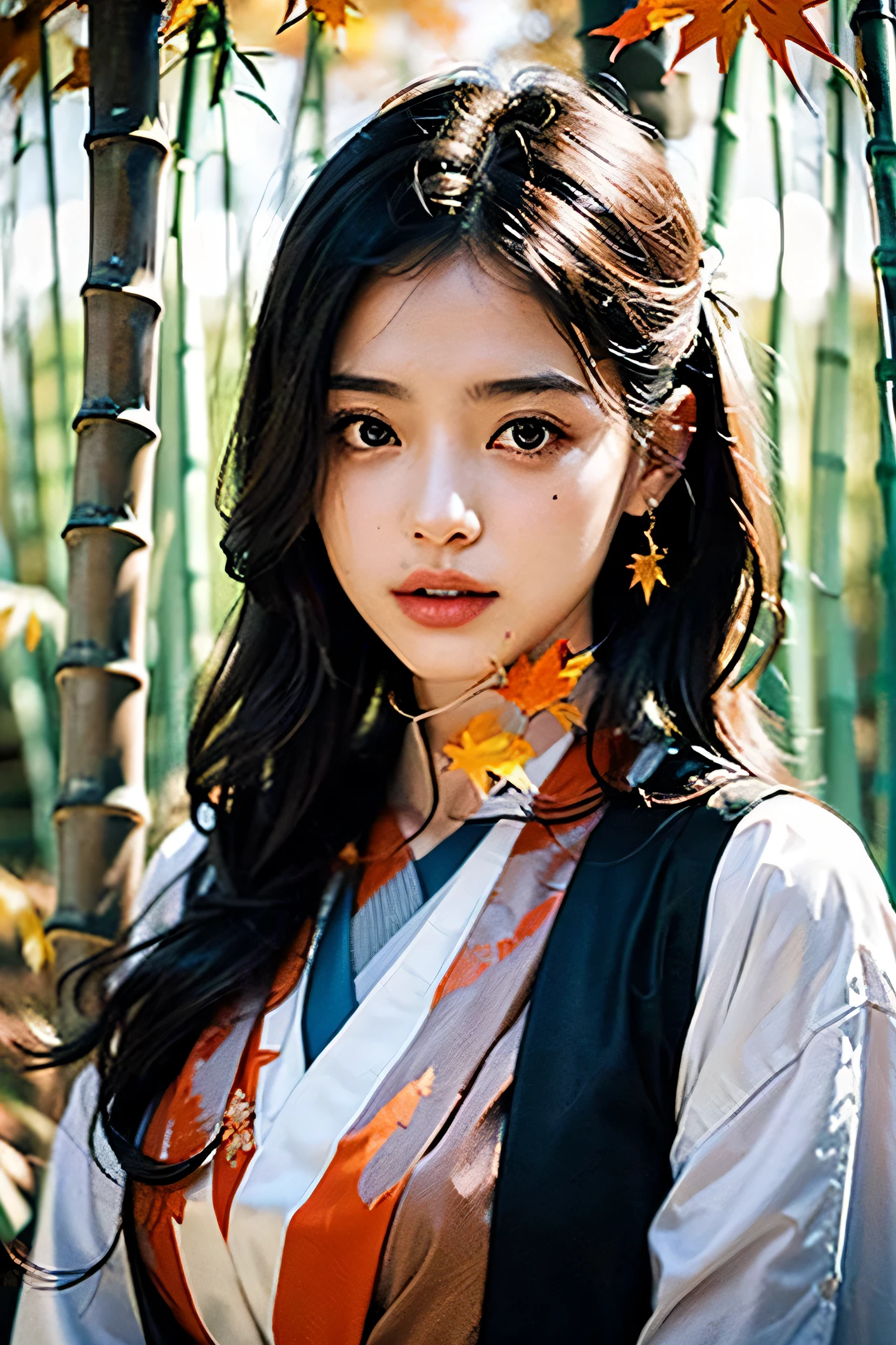 A beautiful and delicate girl, Clear and beautiful, focus on the character, radiant skin, Miss, 20 years old, ((长long绿色hair：2))，beautiful green glass hair, ((Japanese style shrine clothing, metal armor，((Autumnal，Orange maple leaves bamboo forest))，Beautiful details, cold face,  beautiful and delicate eyes, mature skin, Very good 8KCG wallpaper, official art， super detailed， masterpiece， best quality， （zen entanglement， Tangled）（fallen flowers：1.2）， Detailed face，expression of stoicism，dynamic poses，绿色飘逸的hair，Classical era，（"古Rome" theme：1.1），Rome mythology，Rome，meteor，starry sky，Milky Way，（original photo，best quality），（realistically，Real shot：1.3），best quality，Very detailed，masterpiece，super detailed，Enlightenment，Body的上半部分_Body，dynamic angle，世界masterpiece剧院，messy_long_hair，best quality，Extremely detailed CG unity 8k wal，ink，amazing，movie lighting，lens_flare，
