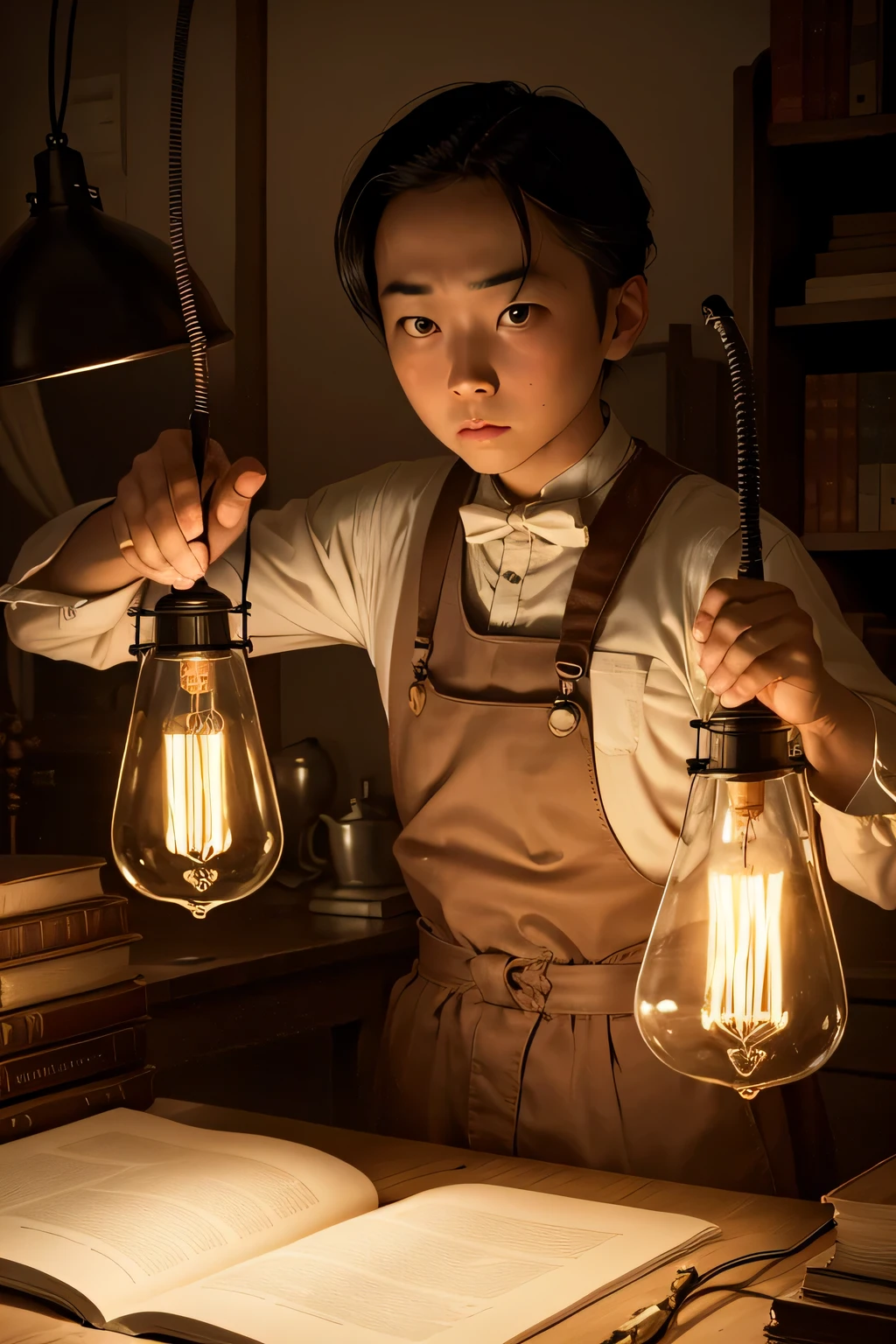 edison light bulb, bamboo filament, light bulb stuck in socket, wiring, Dim Lab, masterpiece