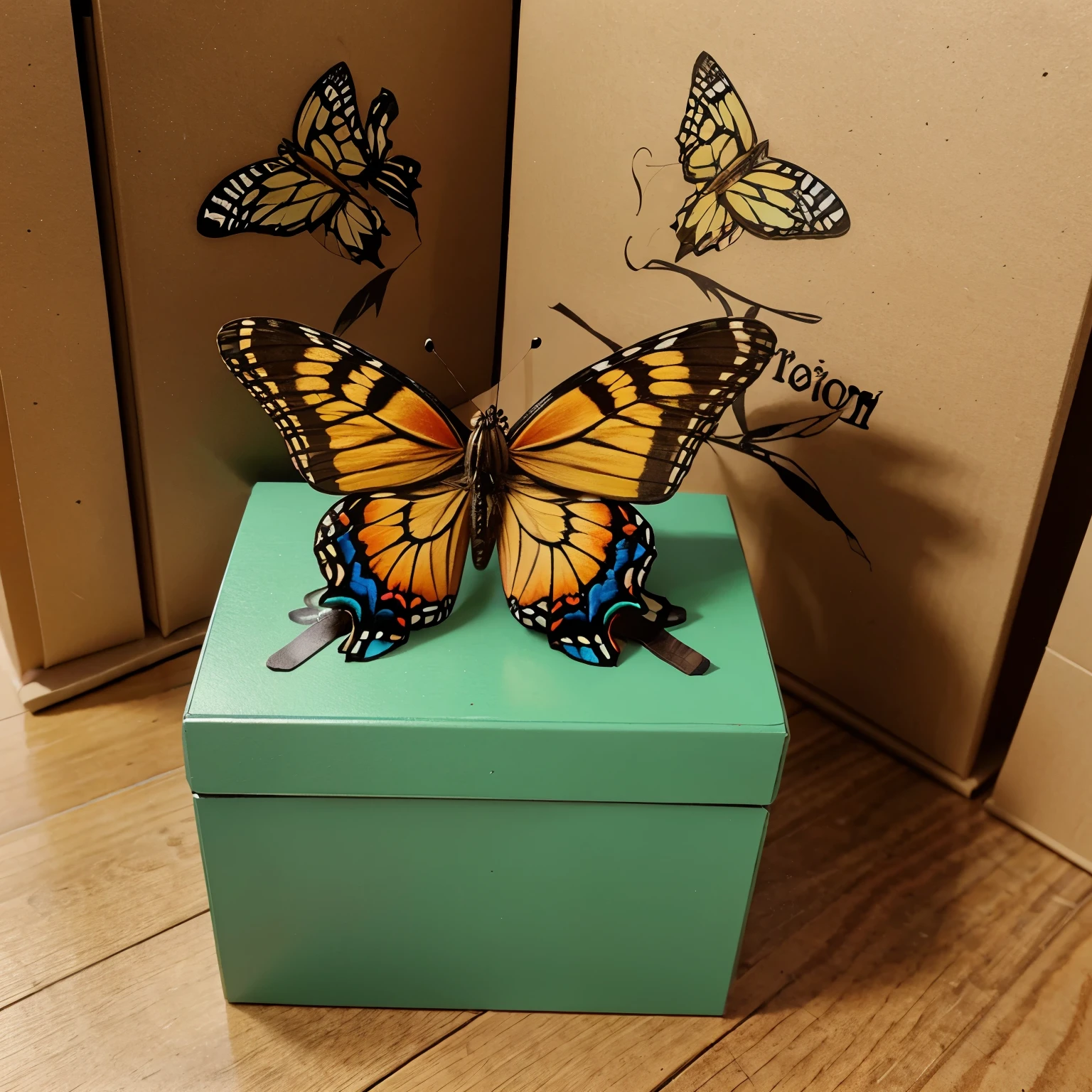 A box with butterfly decoration. Butterflies are on the box