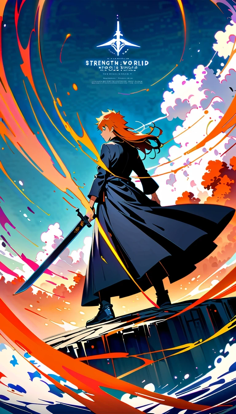 whole body, Kurosaki Ichigo, die worldview, orange hair, Grim Reaper costume, Sword holding posture, High-resolution digital art, 2.5D CGI技术, High quality details, Strength and determination, Yang Jie style, meditative rock scene, In-depth character description, 4K visual experience, Kurosaki Ichigo Characteristics, advanced art technology, world architecture perspective, Character display, aesthetic photography art, descriptive details, About the ultimate sense of reality, art style imitation, character building, Plot world description, environmental details, Character emotional expression, "die" Cultural atmosphere.