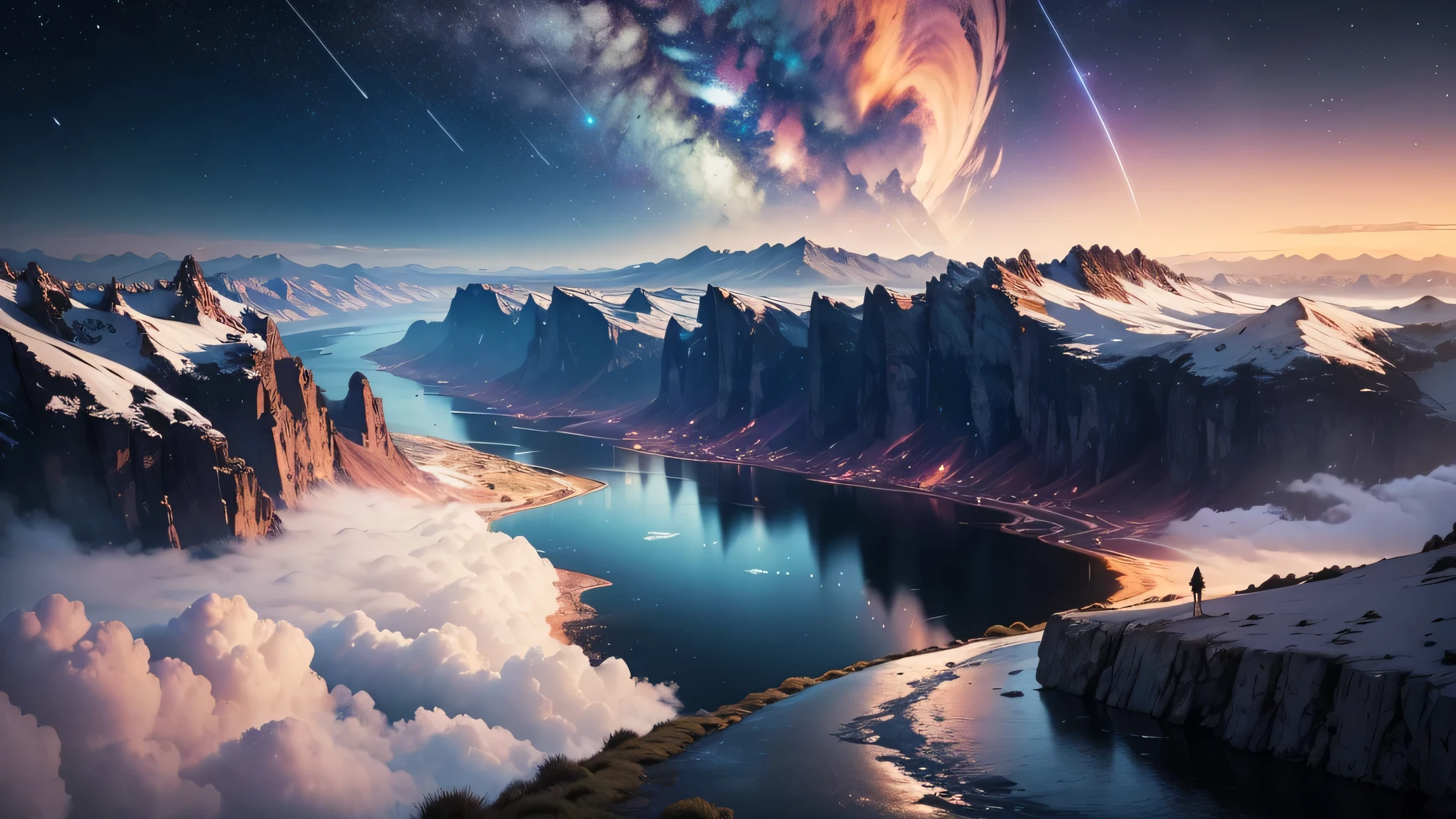 planète avec Montagnes et lac Magic Valley, Planètes、intergalactique、nuage、And a river and a beautiful sky, A hyperrealist, 4k, network'images , brillant, magnifique, beau, 8K, Ultra HD , coucher de soleil , ocean d'Eau , ultra realistic , soleil , Mise au point nette maximale , vue terrestre sur les espaces , Nuit , Milky Way , pluie de météorites en flamme vitesse hypersonique