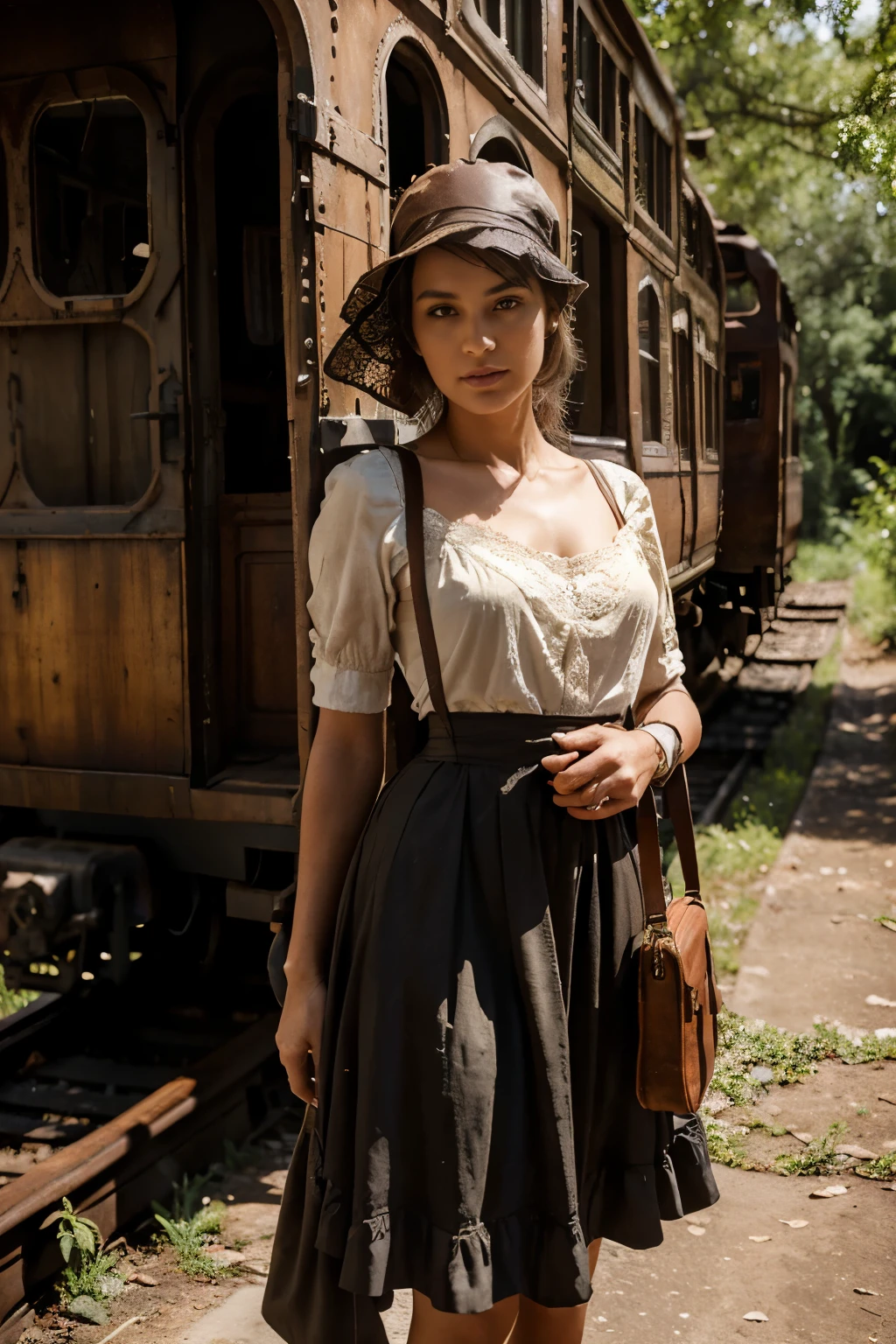 Timeless Voyager Amidst Forgotten Groves: Amid the wild overgrowth swallowing a vintage railway station, our model strikes an arresting pose. Her attire, a patchwork of sepia-toned newspapers and a lace trim skirt, speaks volumes about her affinity for forgotten eras. Her leather fingerless gloves and an antique luggage bag bring an adventurous spirit to her attire. The rust-cloaked train carriages and weathered wooden platform composing the background enhance the aura of an era standing still. Her sun-drenched gaze depicts stories of timeless travels and a deep longing for journeys yet undertaken.